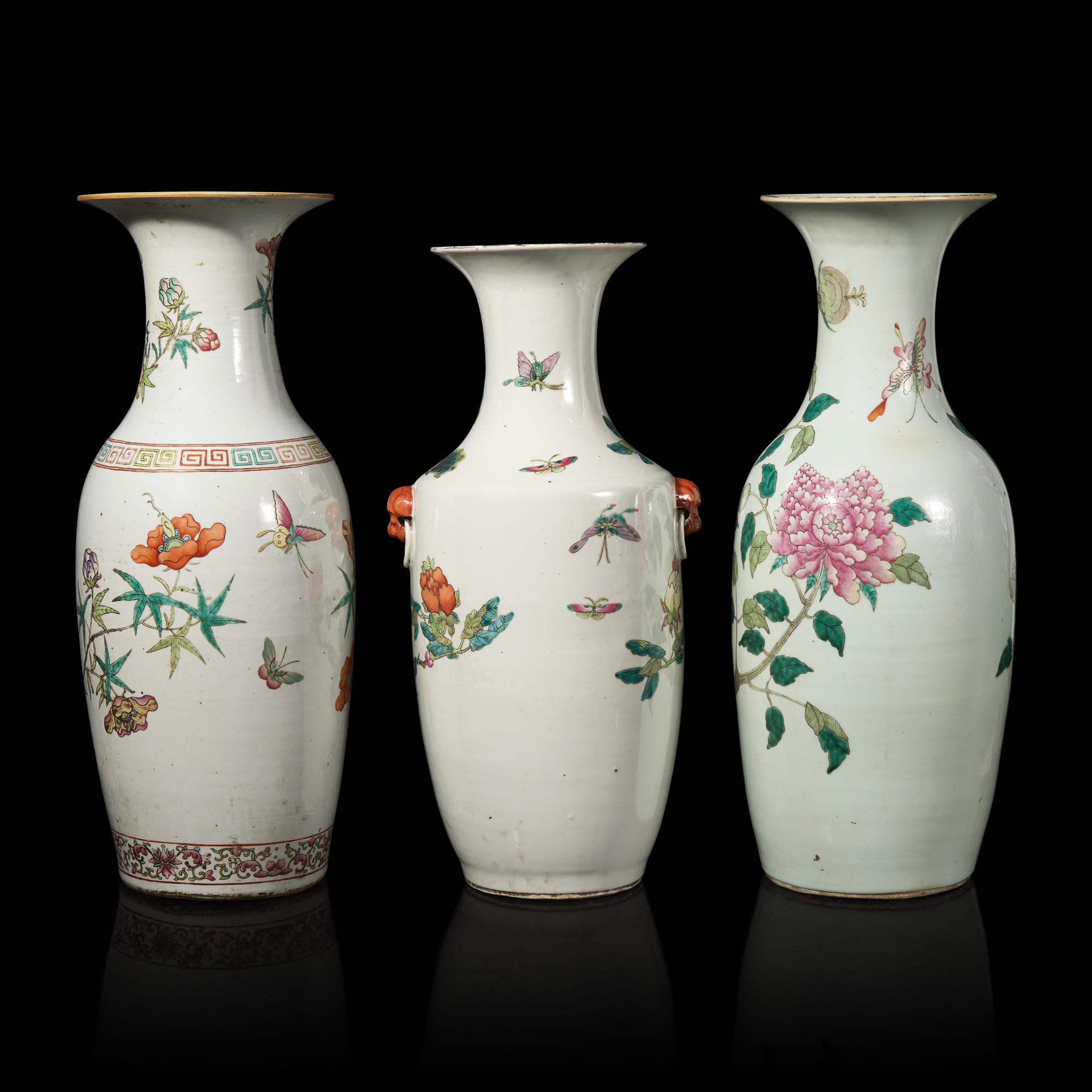 Three Chinese Famille Rose Porcelain 'Butterfly and Flower' Vases 粉彩蝶戀花賞瓶三件