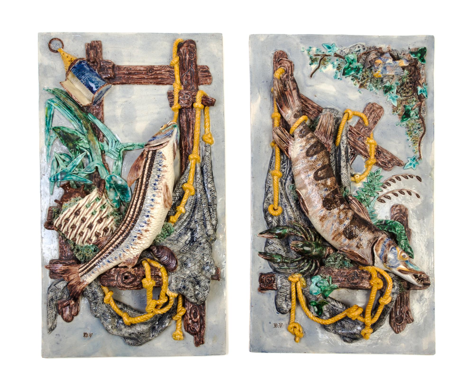 A Pair of Palissy Style Trompe L'Oeil Wall Plaques 24 1/8 x 13 3/4 inches. — VICTOR BARBIZET, CIRCA 1865-1870