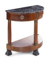An Empire Style Gilt Metal Mounted Walnut Marble-Top Console Table