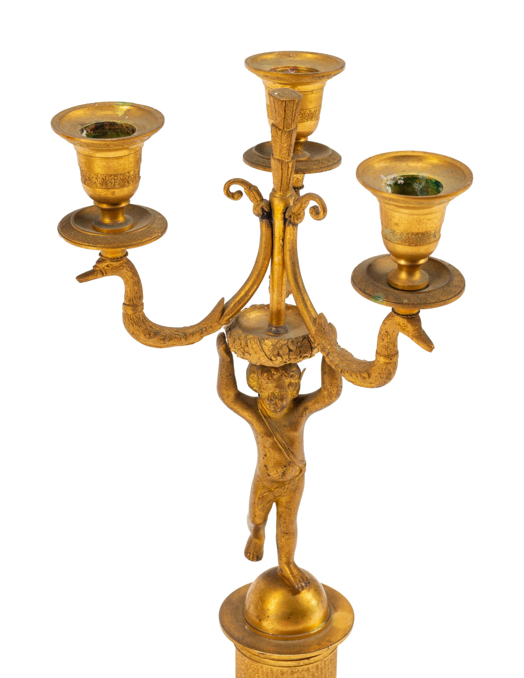 A Pair of Empire Style Gilt Bronze Figural Three-Light Candelabra