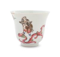 Six White Sgraffito Ground Famille Rose Porcelain "Eight Immortal' Bell-Shaped Wine Cups