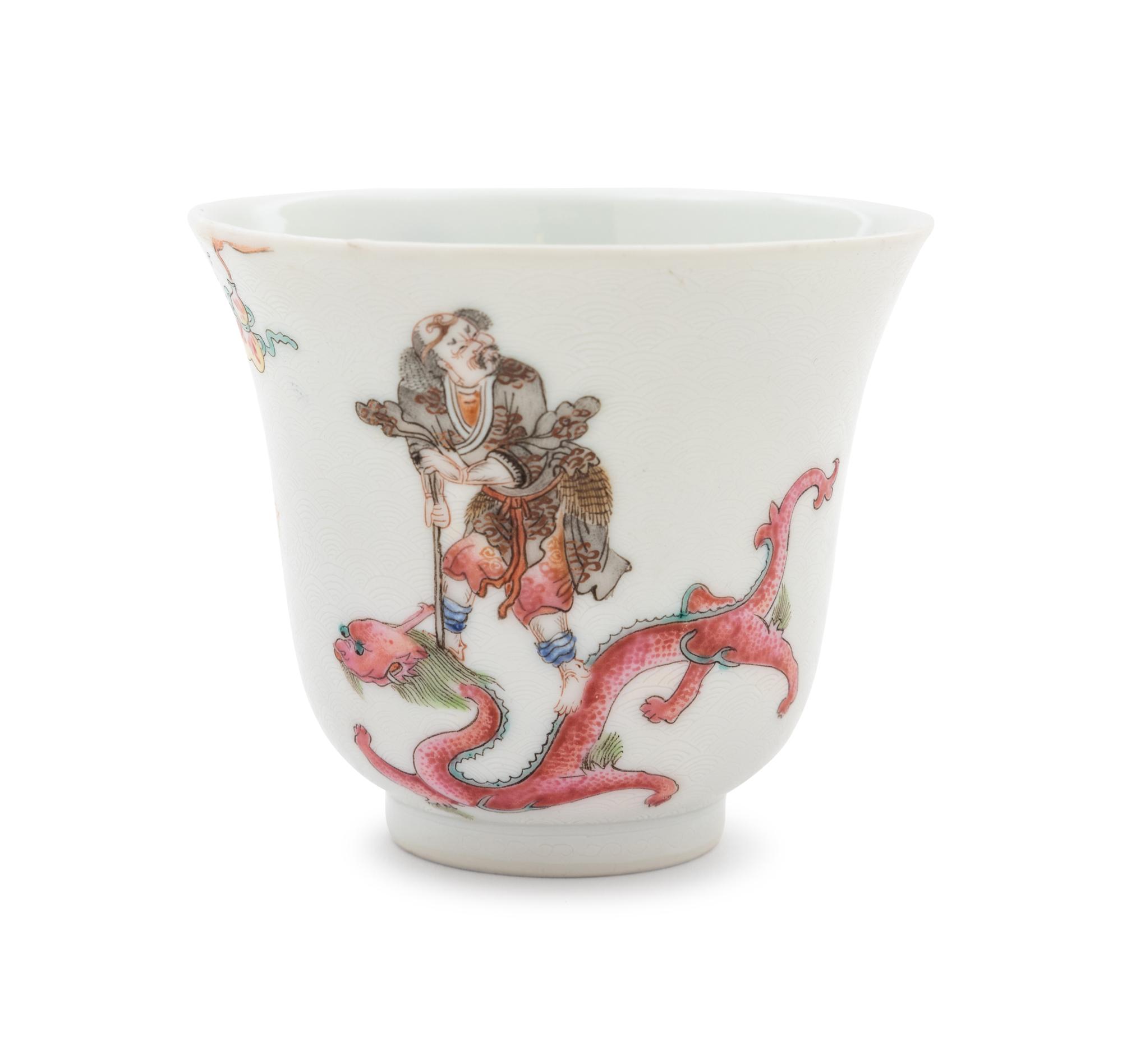 Six White Sgraffito Ground Famille Rose Porcelain "Eight Immortal' Bell-Shaped Wine Cups