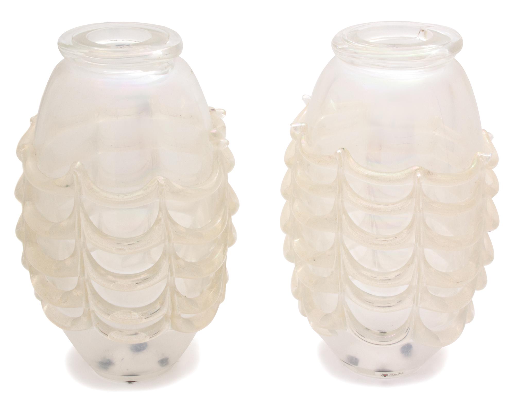 A Pair of Iridescent Murano Glass Vases Height 15 1/4 x diameter 8 1/2 inches. — 20TH CENTURY
