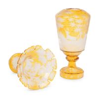 A Large Czech Amber Cut-to-Clear Glass Vase and Stand