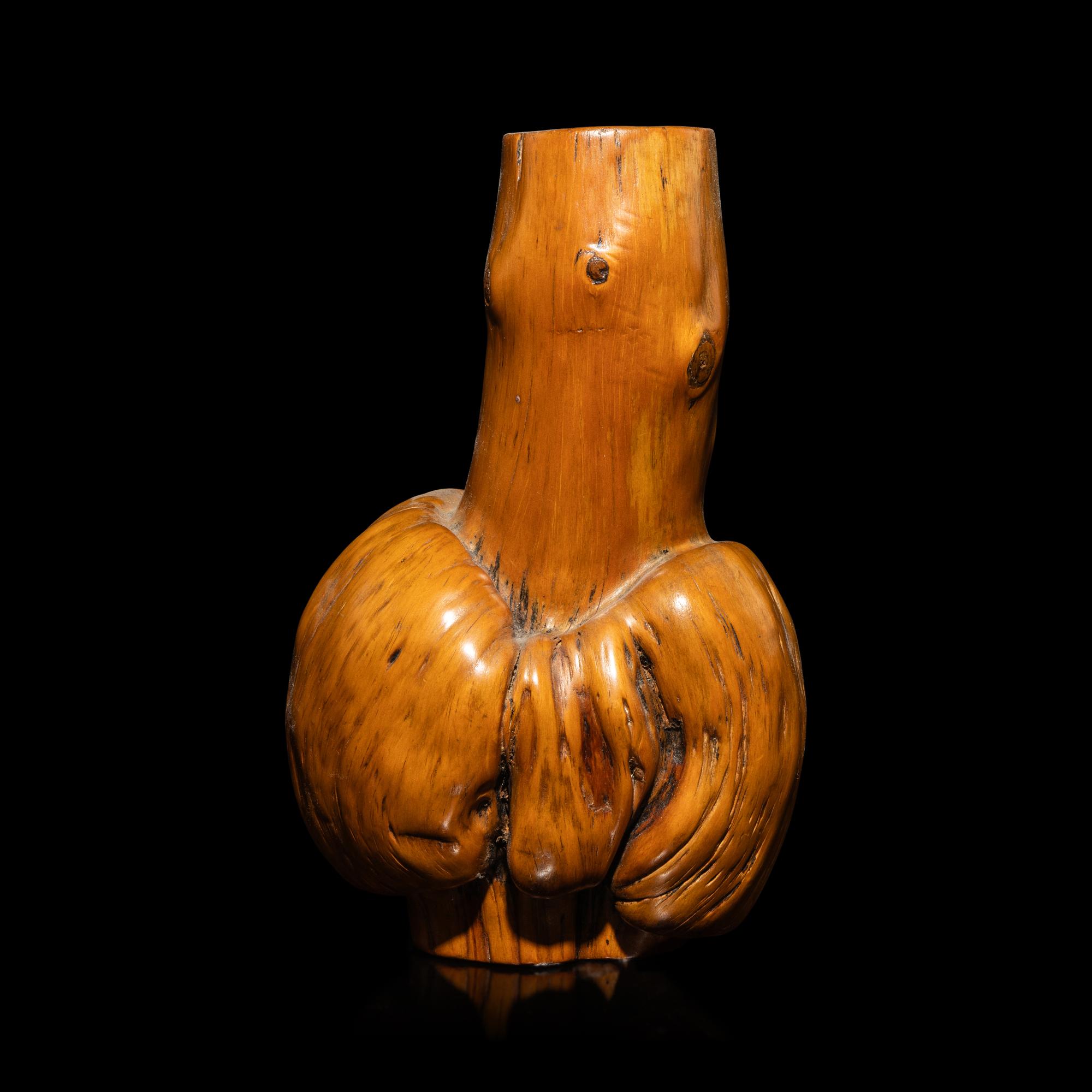 A Chinese Carved Wood Root Tianqiuping-Form Vase, Late 19th-Early 20th Century — 晚清-民國 寶瓶式隨形根雕葫蘆瓶