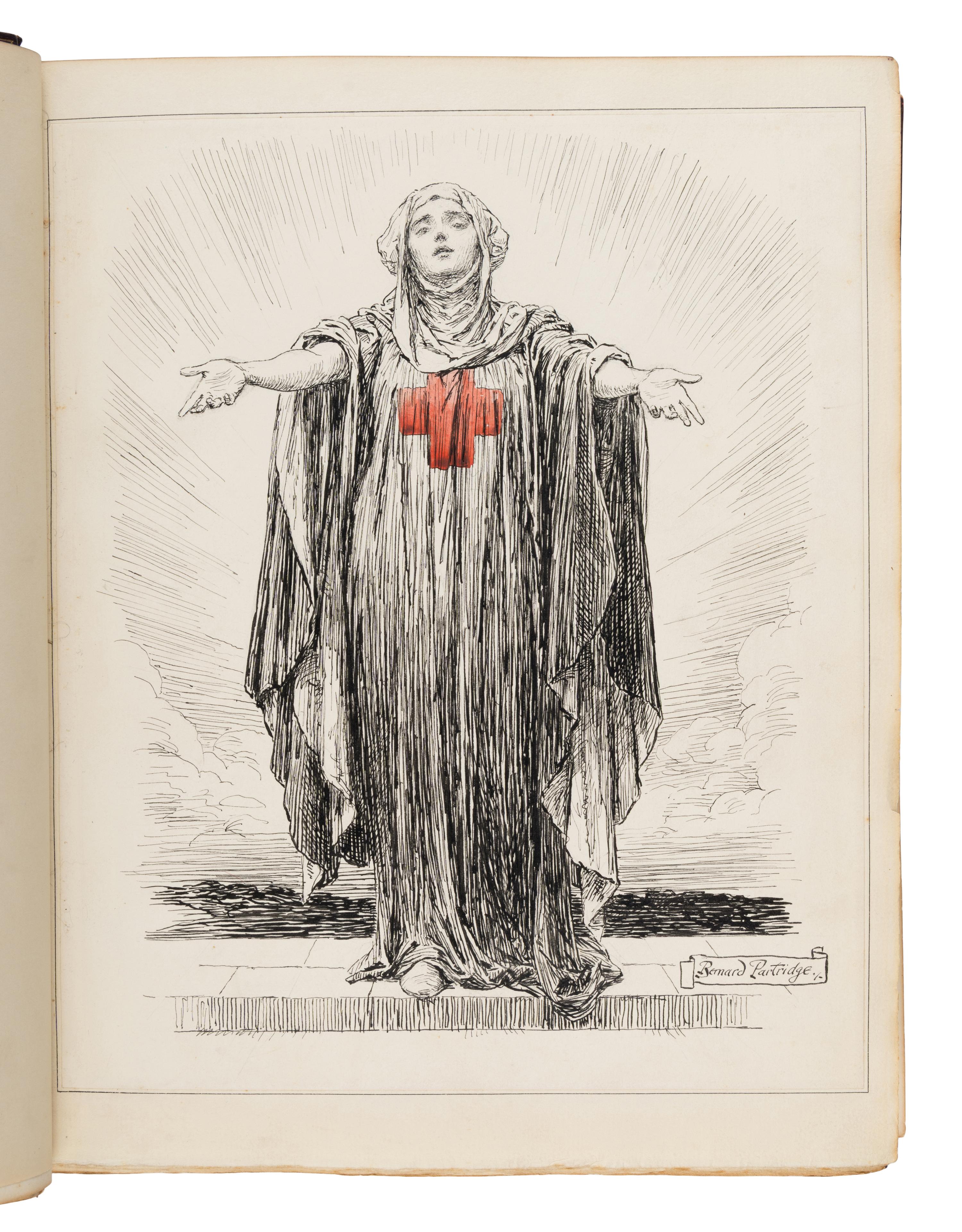 [The Red Cross]. An exceptional album of autographs, letters, and original artwork assembled to benefit the British Red Cross during WWI. [N.p.: N.p.], 1917.