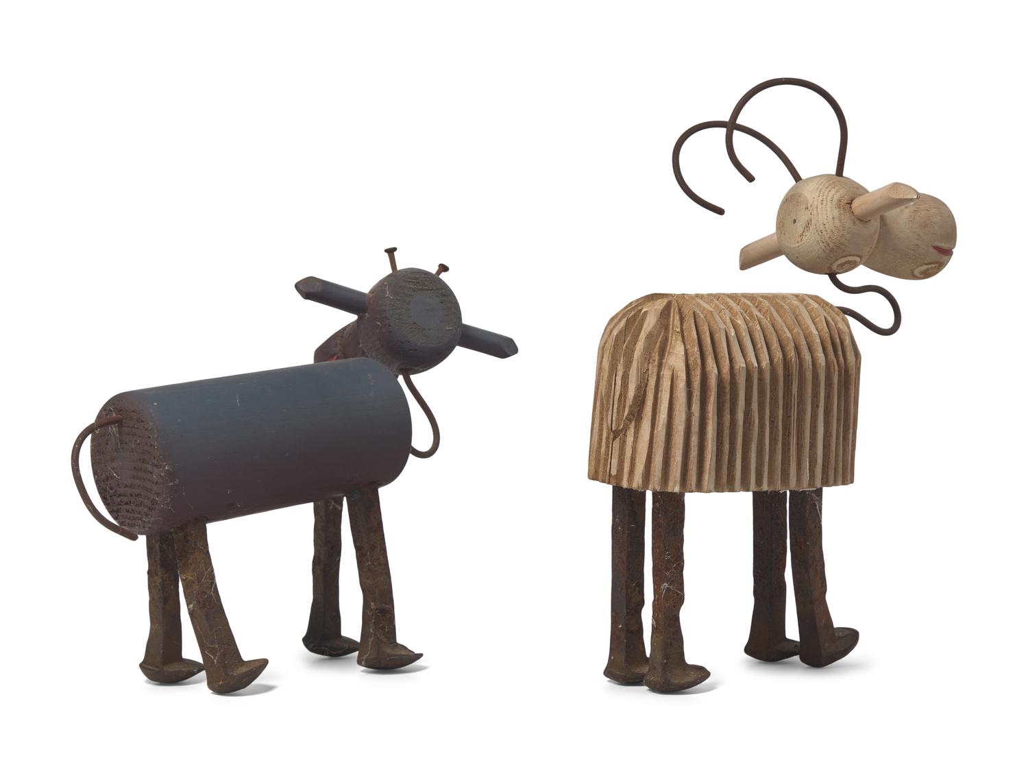 Two Carved and Painted Wood and Iron Figures of a Goat and Cow