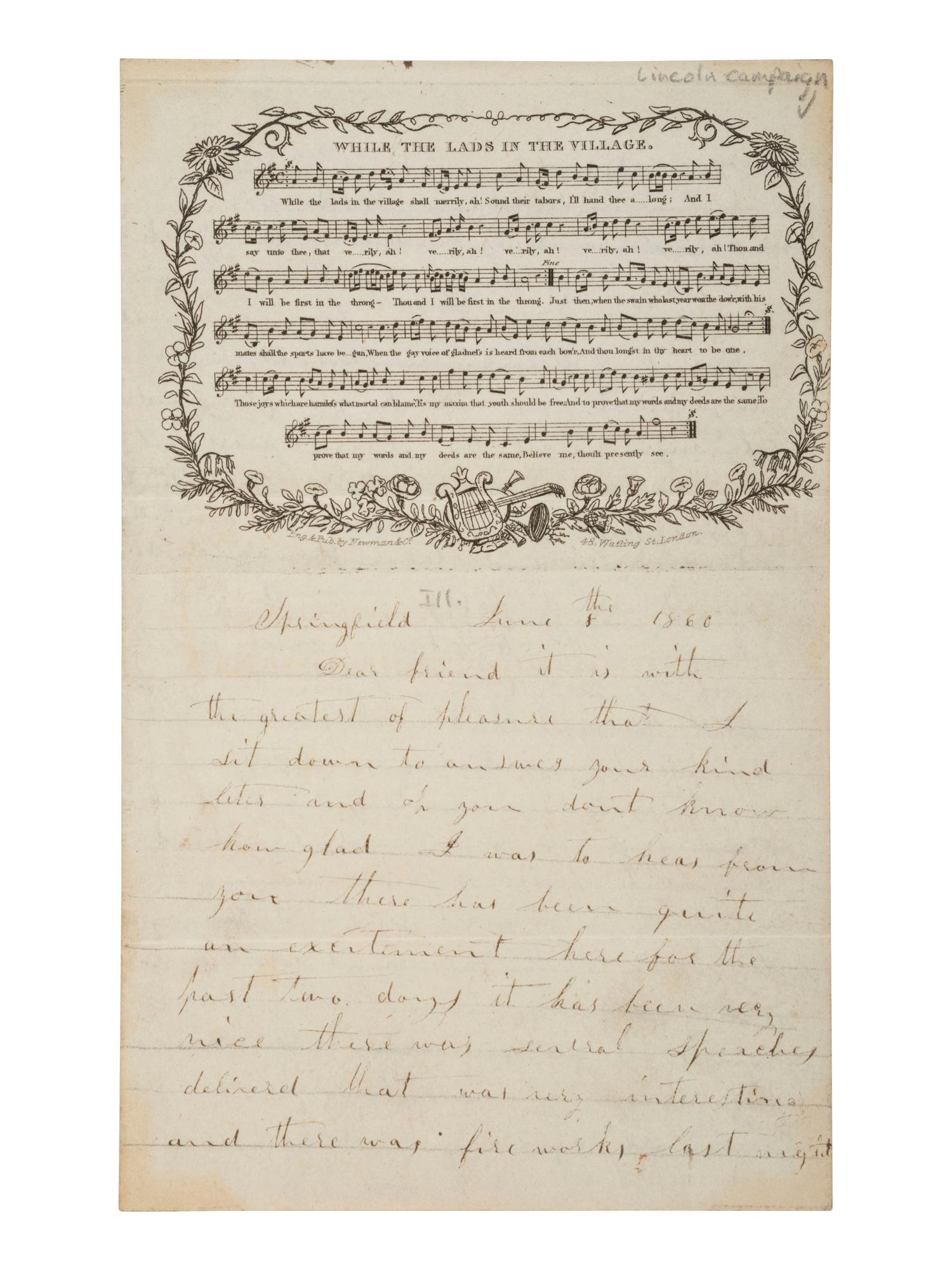 [LINCOLN, Abraham]. ALS from Springfield, IL, describing a Wide Awake procession. 8 June 1860.