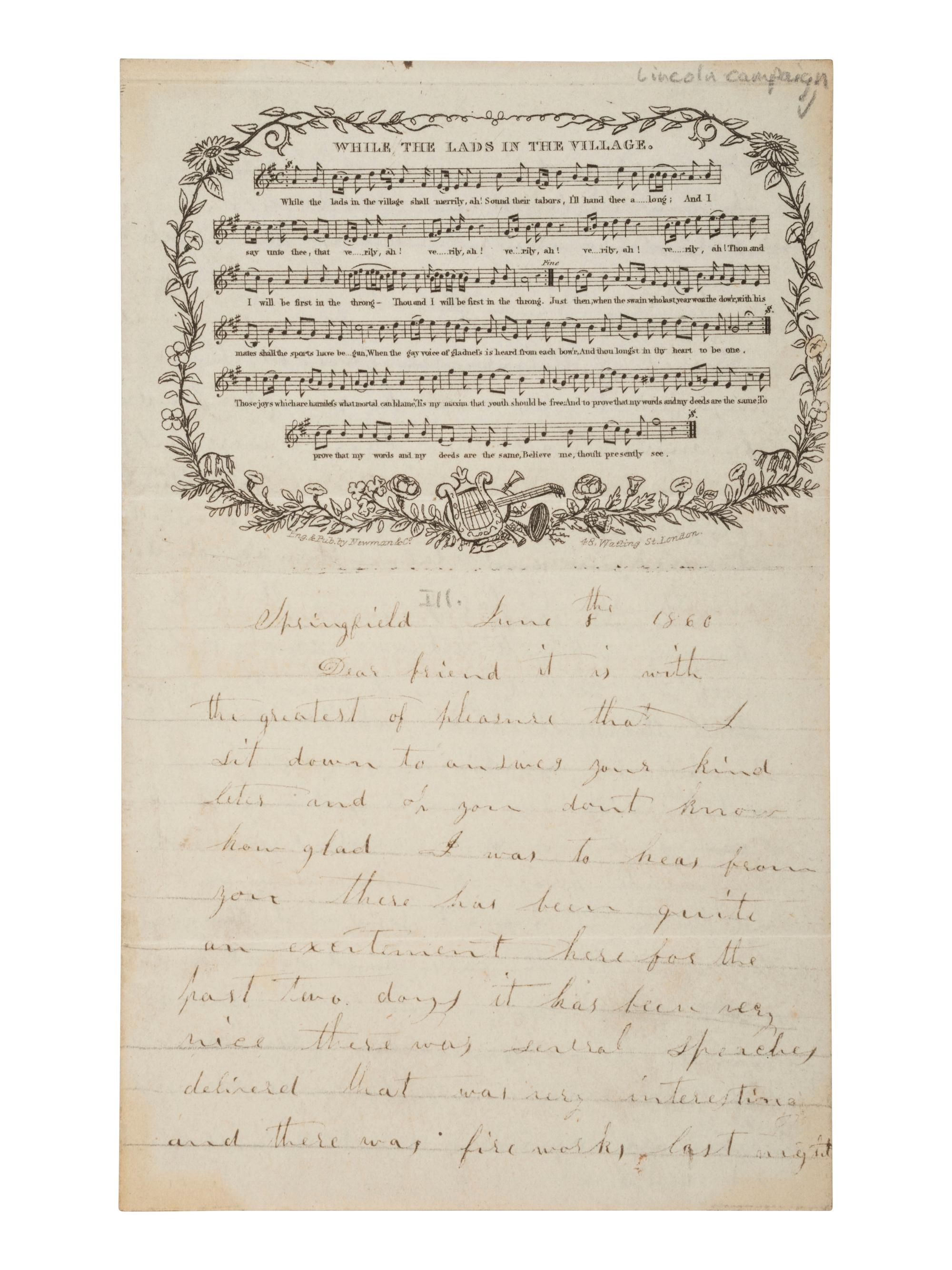 [LINCOLN, Abraham]. ALS from Springfield, IL, describing a Wide Awake procession. 8 June 1860.