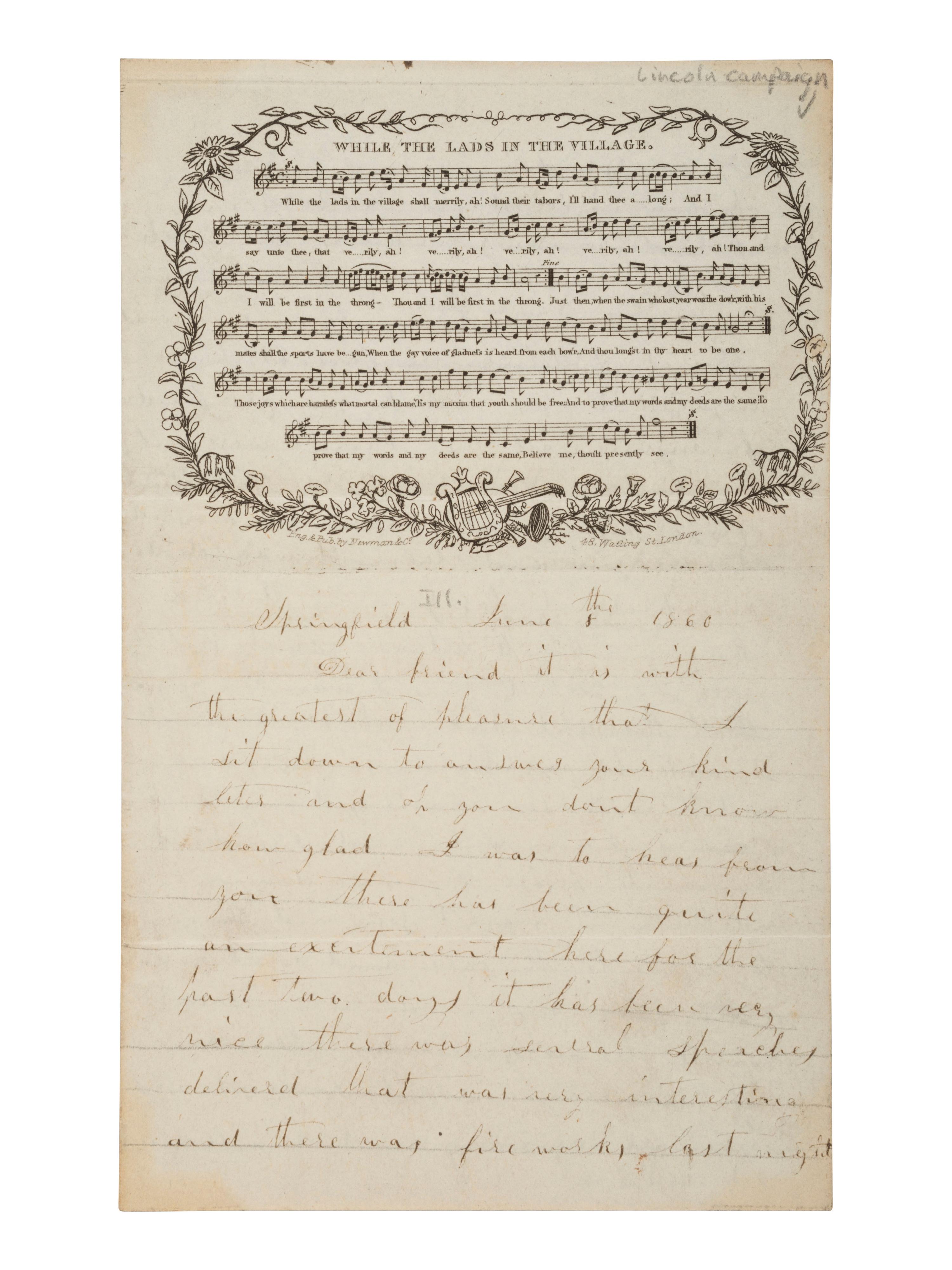 [LINCOLN, Abraham]. ALS from Springfield, IL, describing a Wide Awake procession. 8 June 1860.