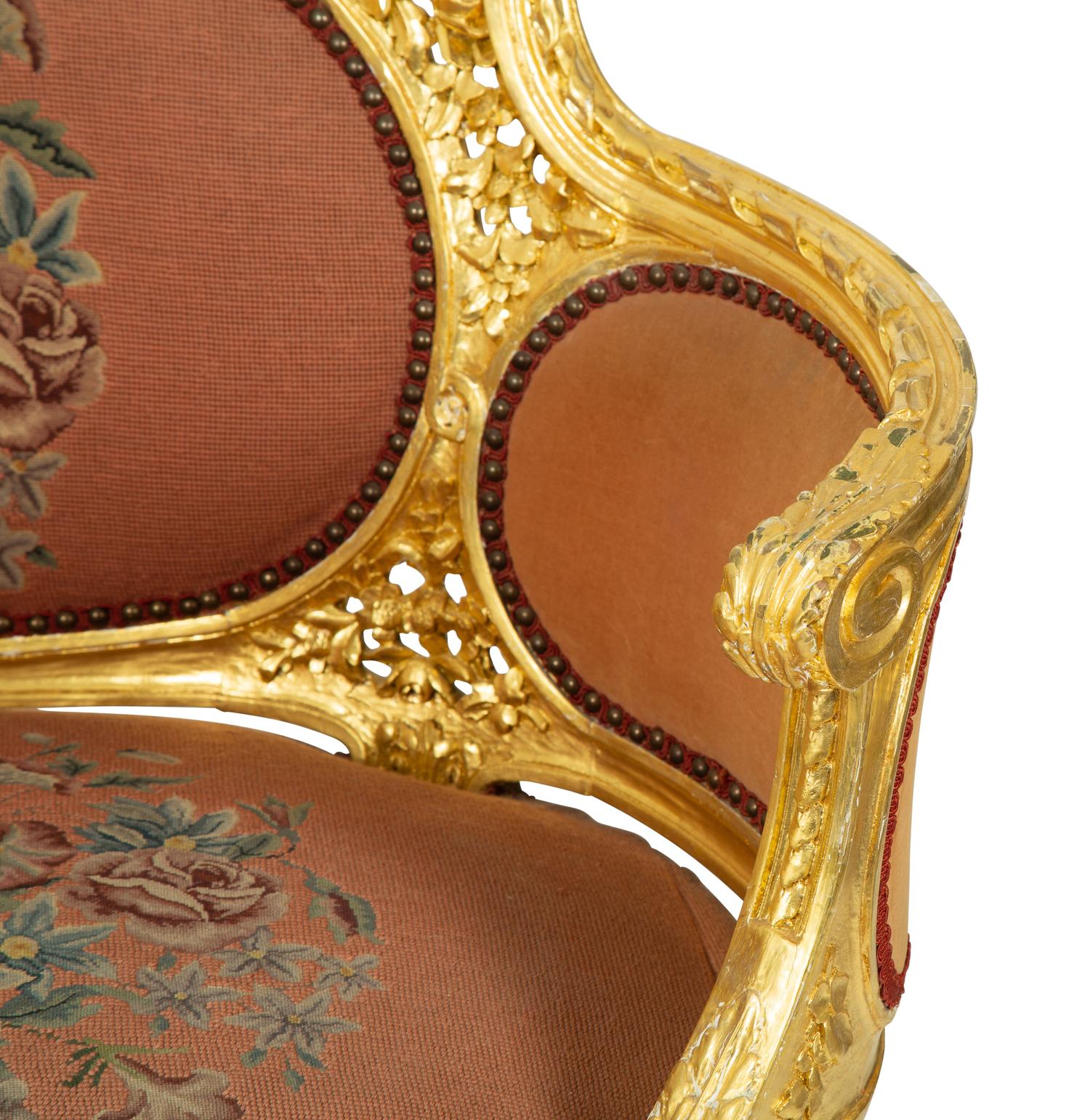 A Louis XVI Style Giltwood Bergere with Needlepoint Upholstery — 20TH CENTURY