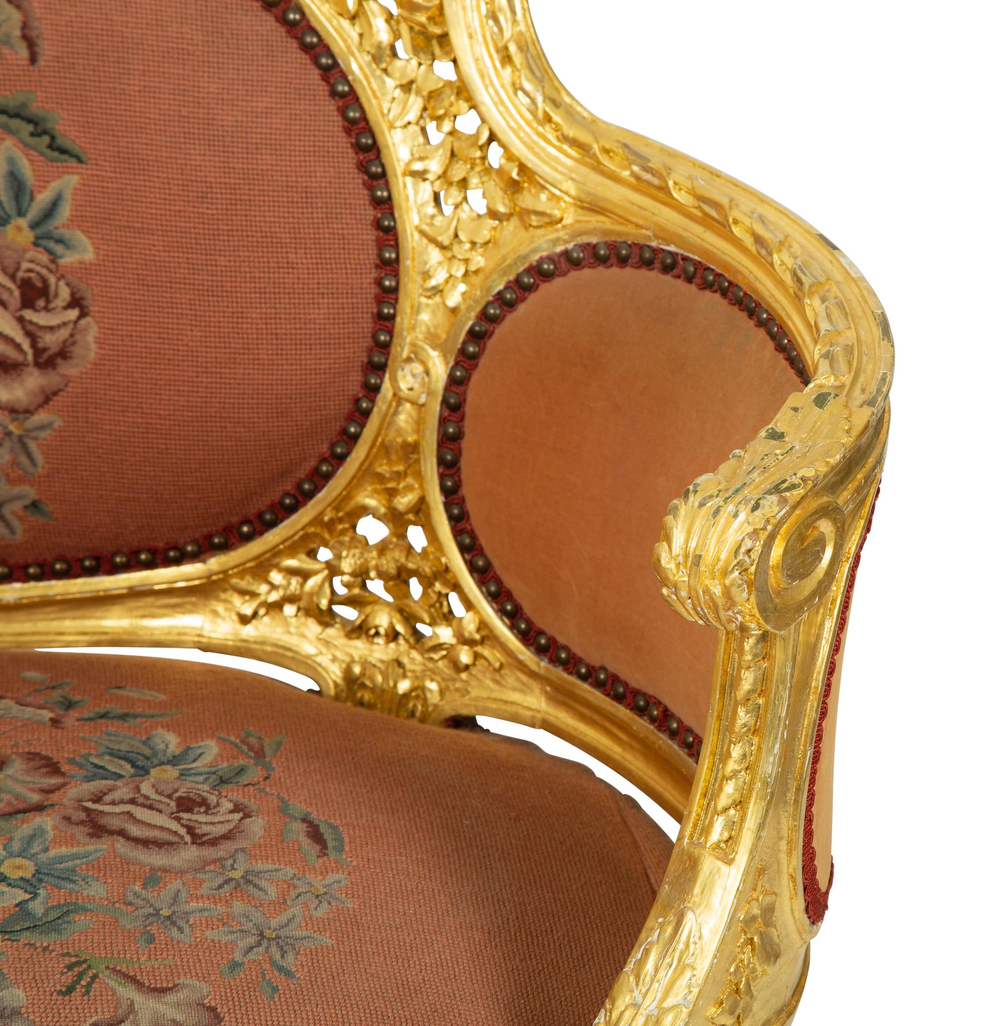 A Louis XVI Style Giltwood Bergere with Needlepoint Upholstery — 20TH CENTURY
