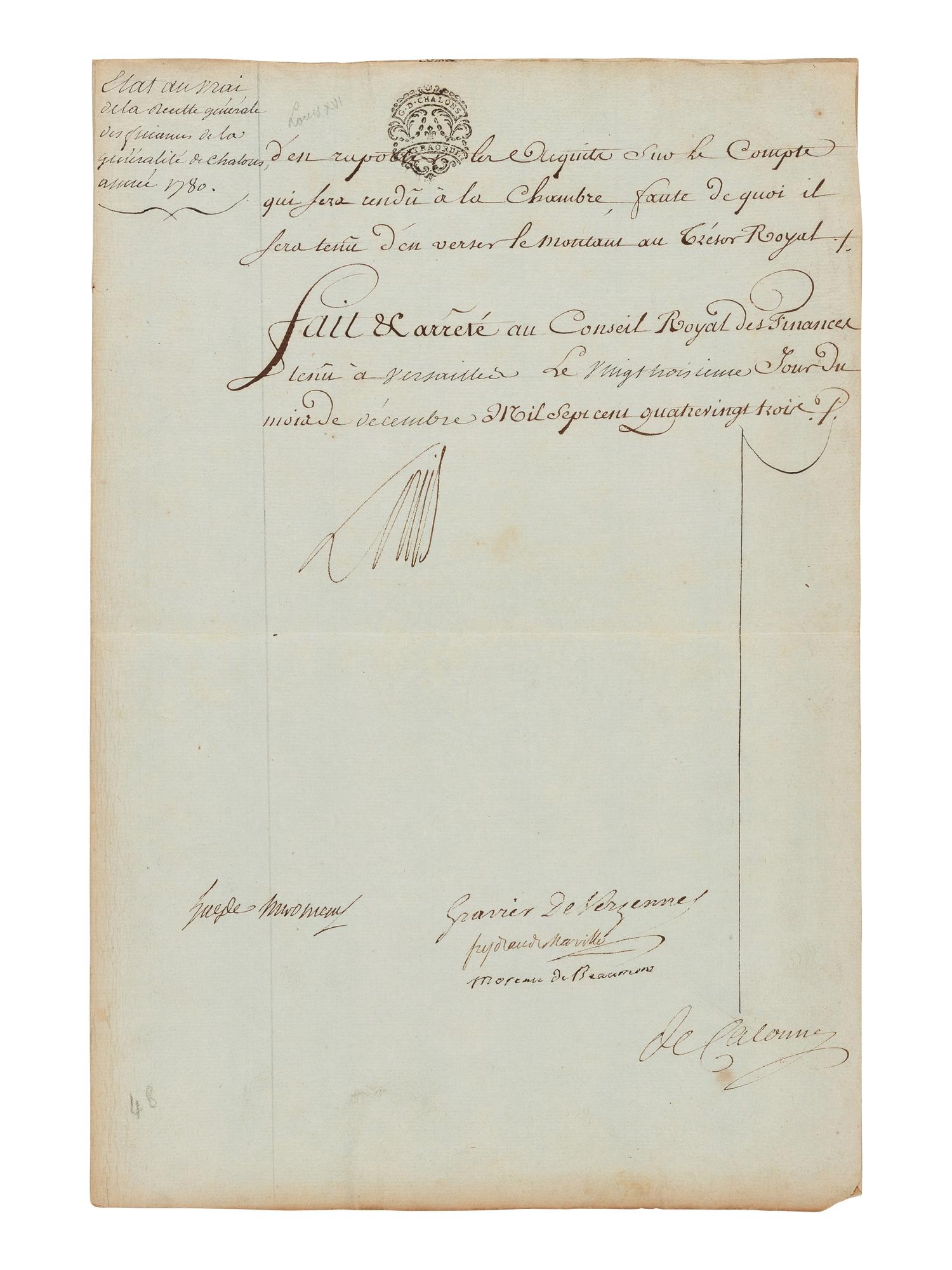 LOUIS XVI, King of France (1754-1793). Document signed ("Louis"), 23 December 1783. Countersigned by several ministers.