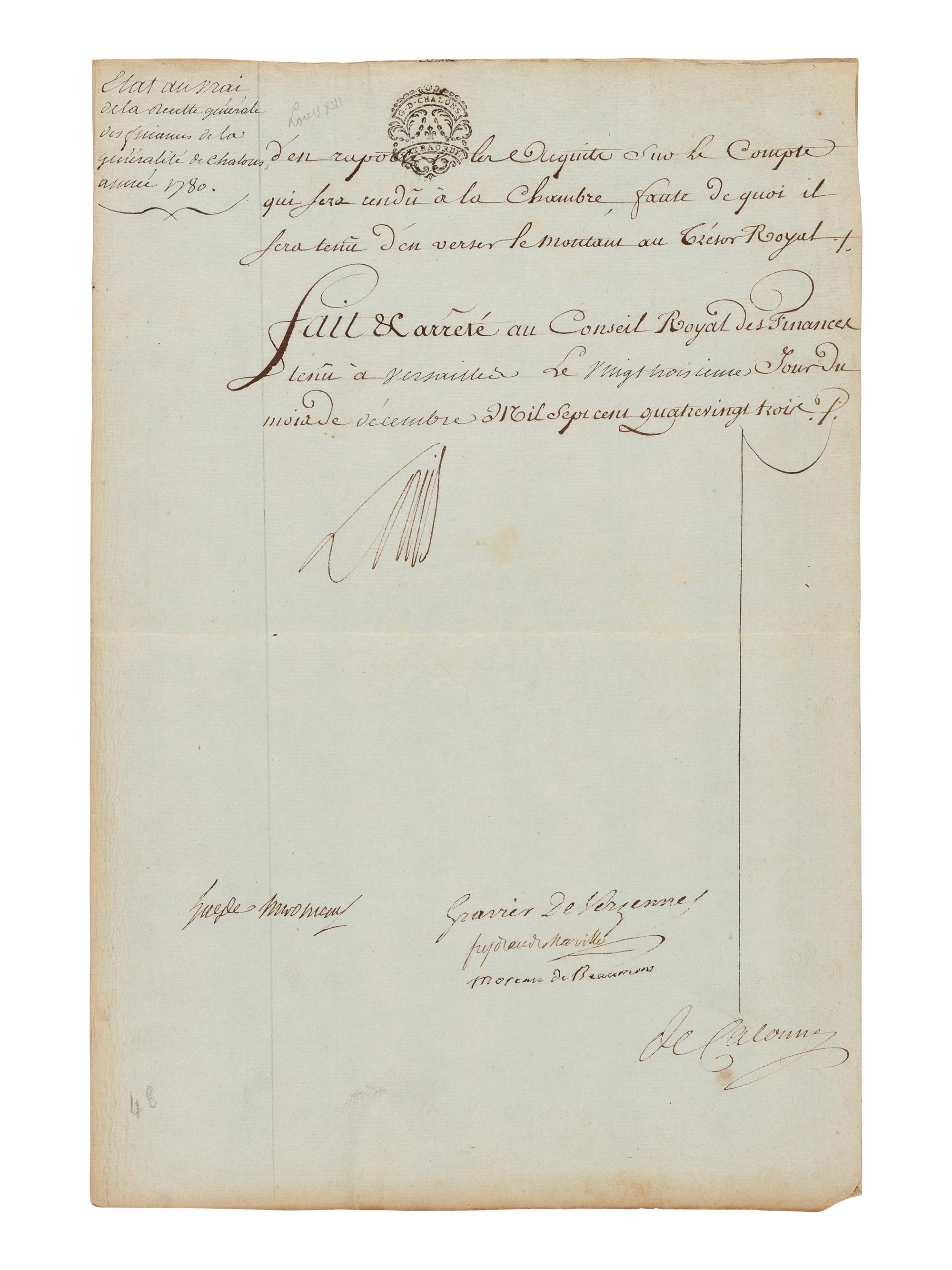 LOUIS XVI, King of France (1754-1793). Document signed ("Louis"), 23 December 1783. Countersigned by several ministers.