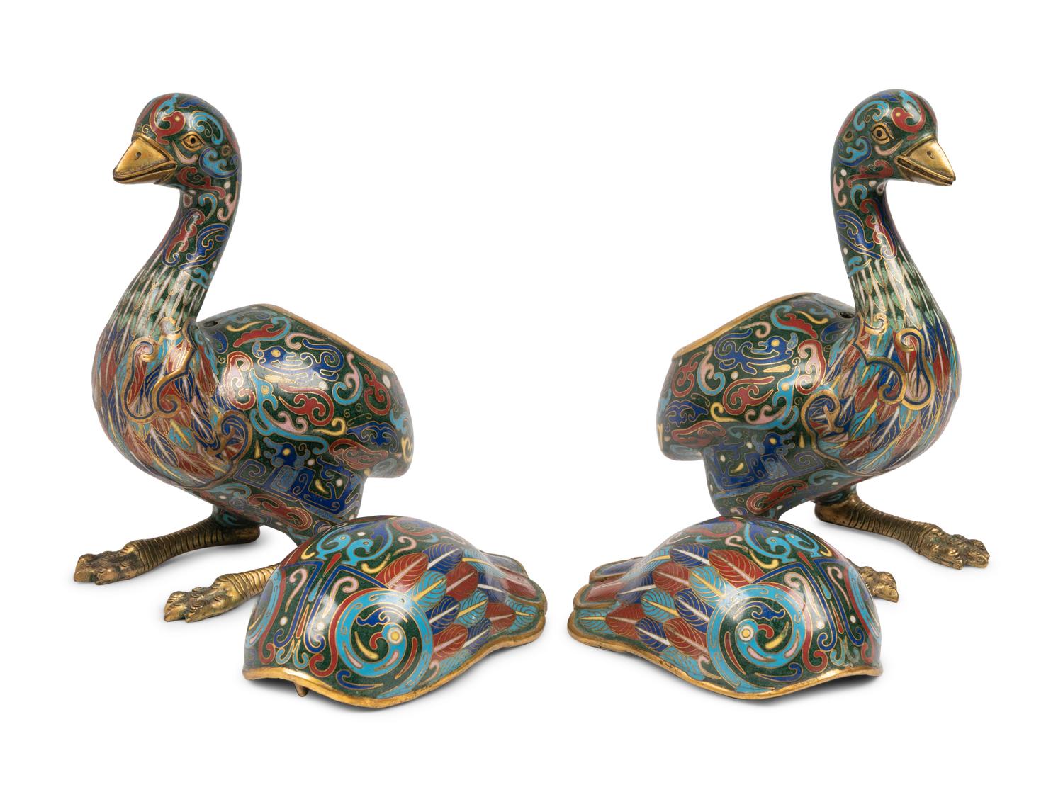 Two Pairs of Chinese Cloisonné Enamel Animal Form Vessels