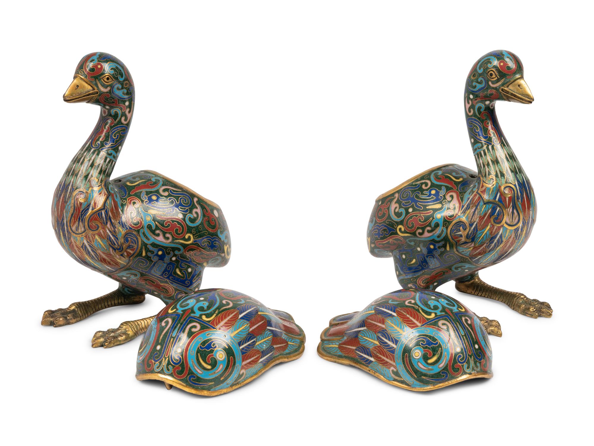 Two Pairs of Chinese Cloisonné Enamel Animal Form Vessels