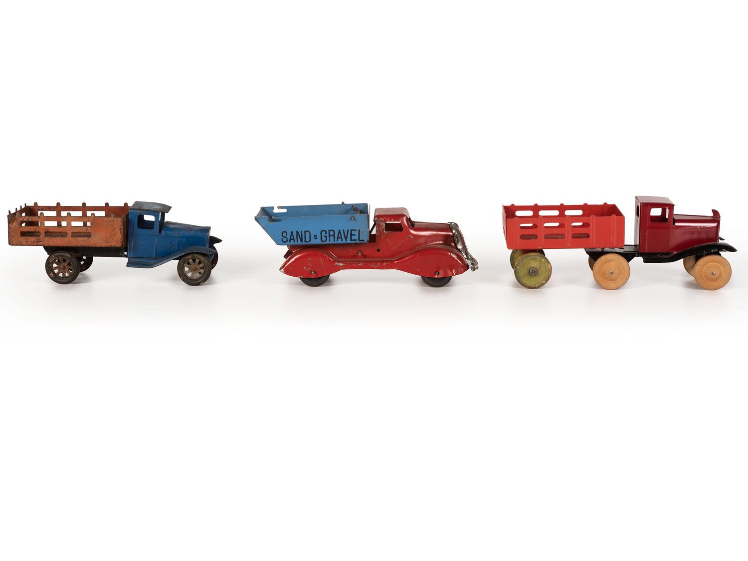 Ten Tin and Pressed Steel Toy Trucks and Wagons