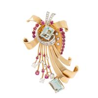 RETRO, AQUAMARINE, DIAMOND, RUBY, AND YELLOW GOLD BROOCH