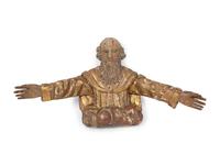 A Continental Painted and Parcel Gilt Carved Figure of a Saint with Outstretched Arms