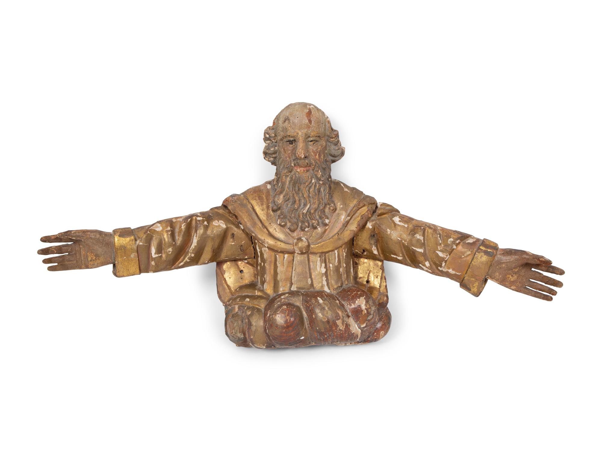 A Continental Painted and Parcel Gilt Carved Figure of a Saint with Outstretched Arms