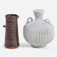 Bernard Leach (British, 1887-1979) St. Ives Carved Celadon Urn and Brown Glaze Creamer, UK, circa second quarter 20th century