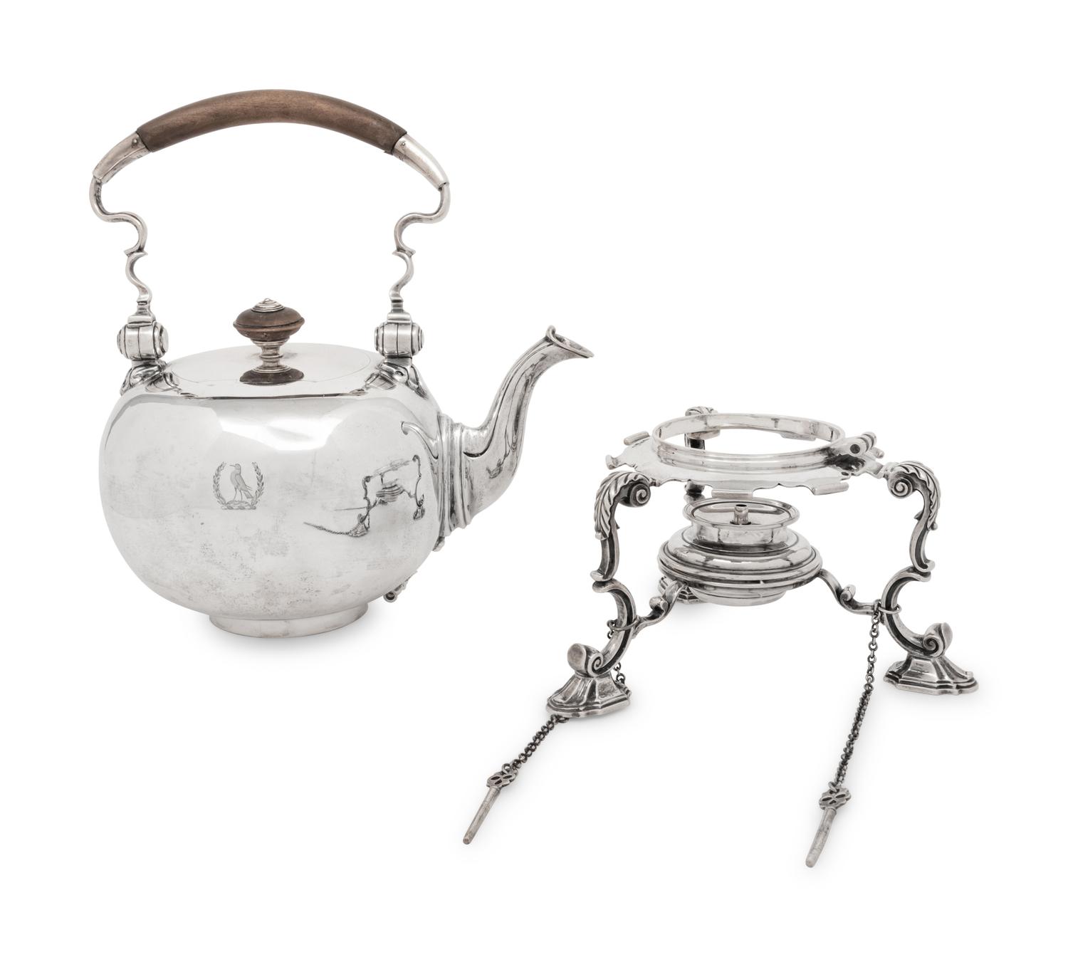 An English Silver Kettle on Lamp Stand