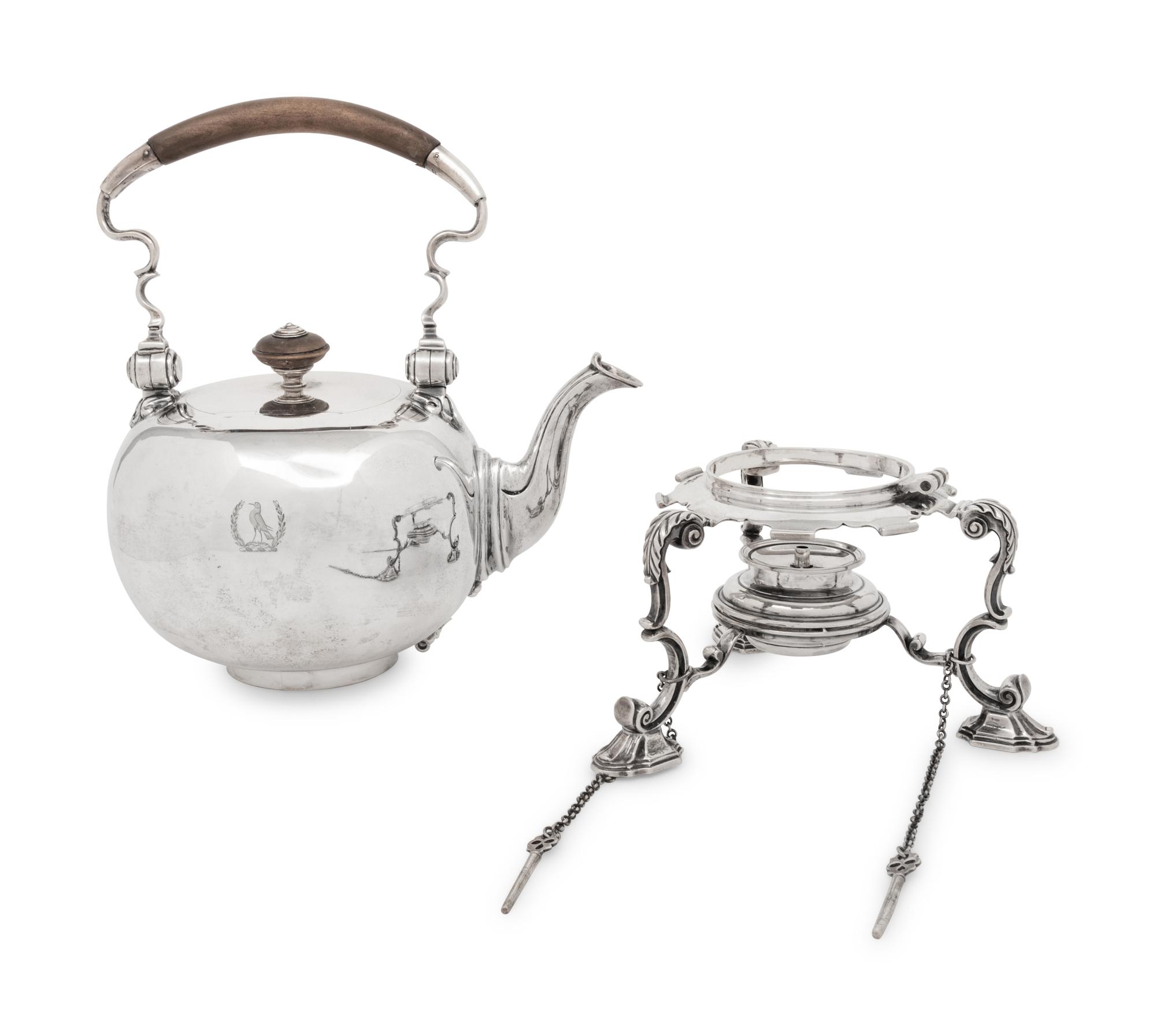 An English Silver Kettle on Lamp Stand
