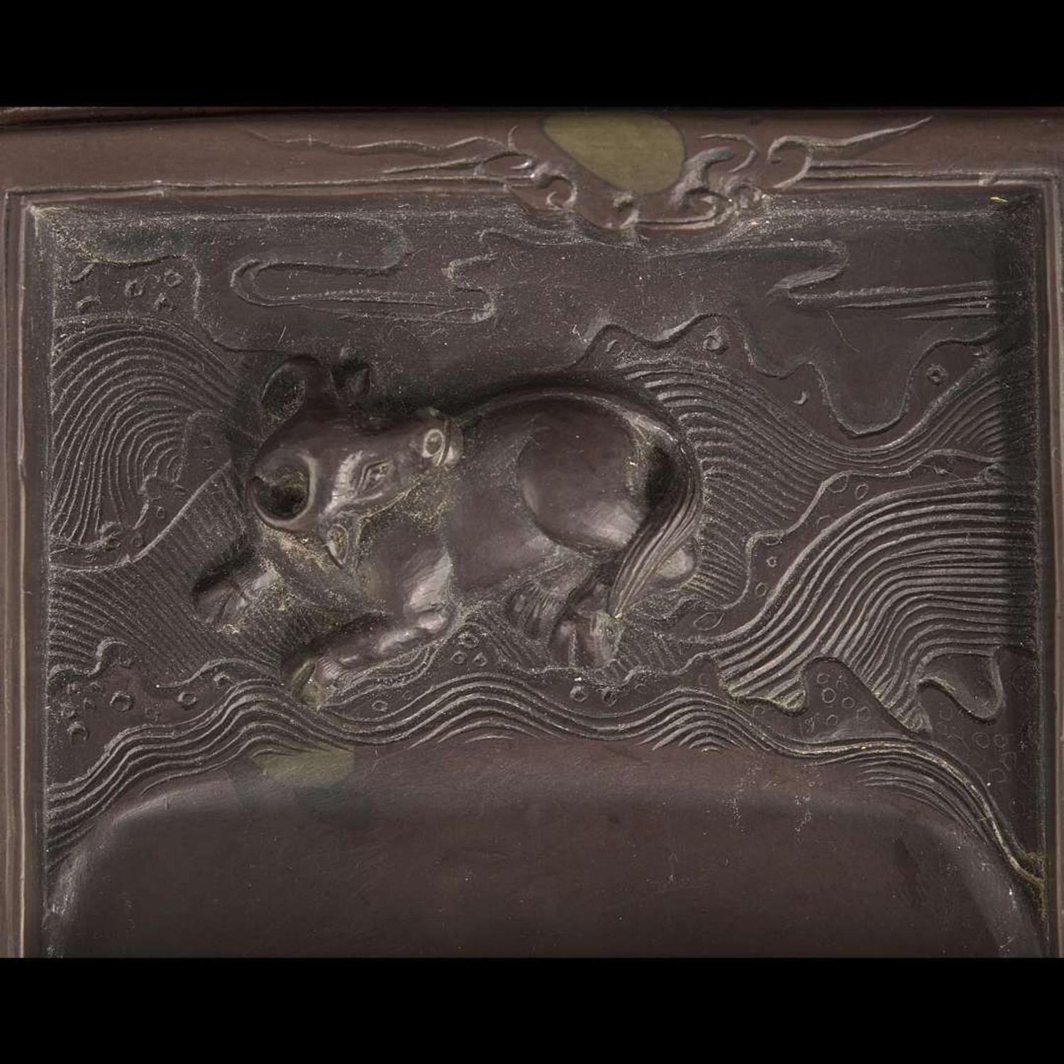 A Chinese carved "Duan" ink stone, colored ink sticks, and hardwood case 浮雕砚台墨条及硬木盒子 The stone Qing dynasty ?????