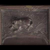 A Chinese carved "Duan" ink stone, colored ink sticks, and hardwood case 浮雕砚台墨条及硬木盒子 The stone Qing dynasty ?????