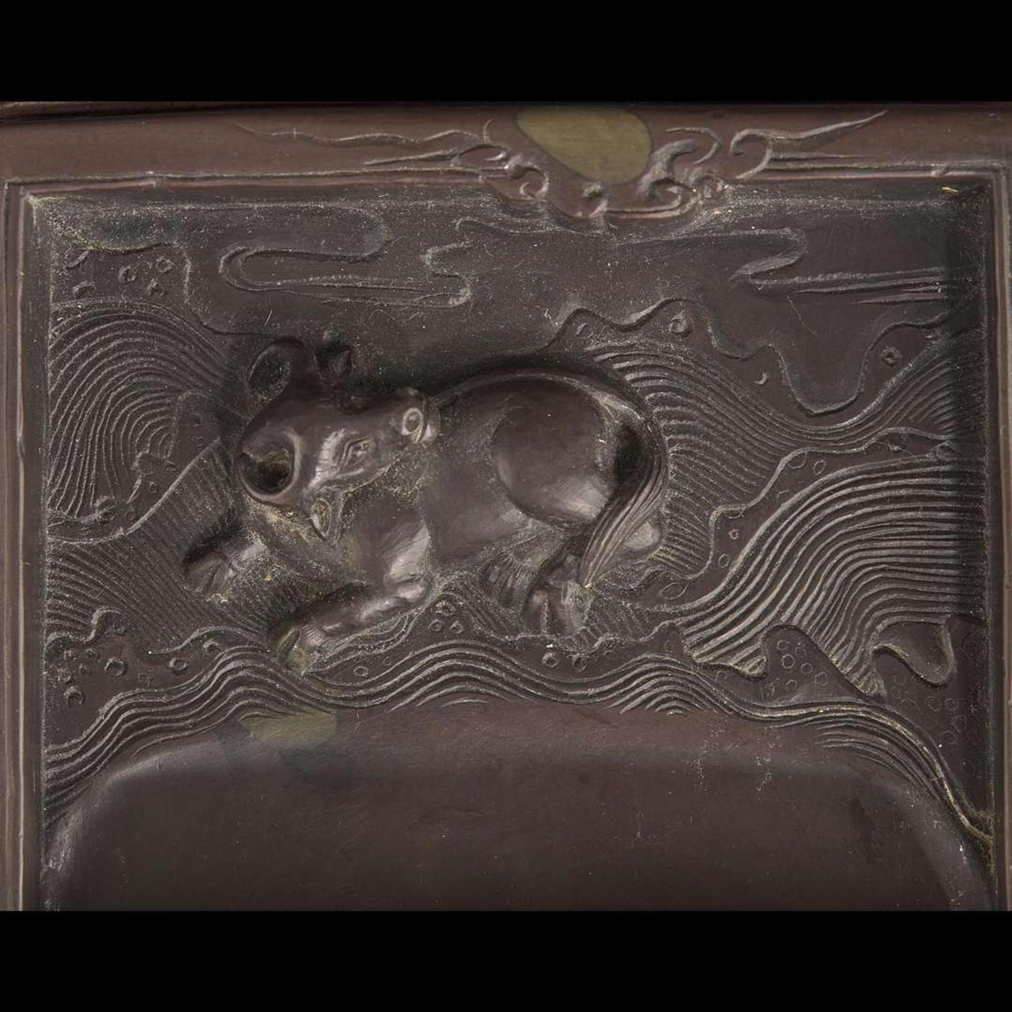 A Chinese carved "Duan" ink stone, colored ink sticks, and hardwood case 浮雕砚台墨条及硬木盒子 The stone Qing dynasty ?????