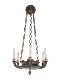 An Empire Style Gilt Bronze and Tole Six-Light Chandelier
