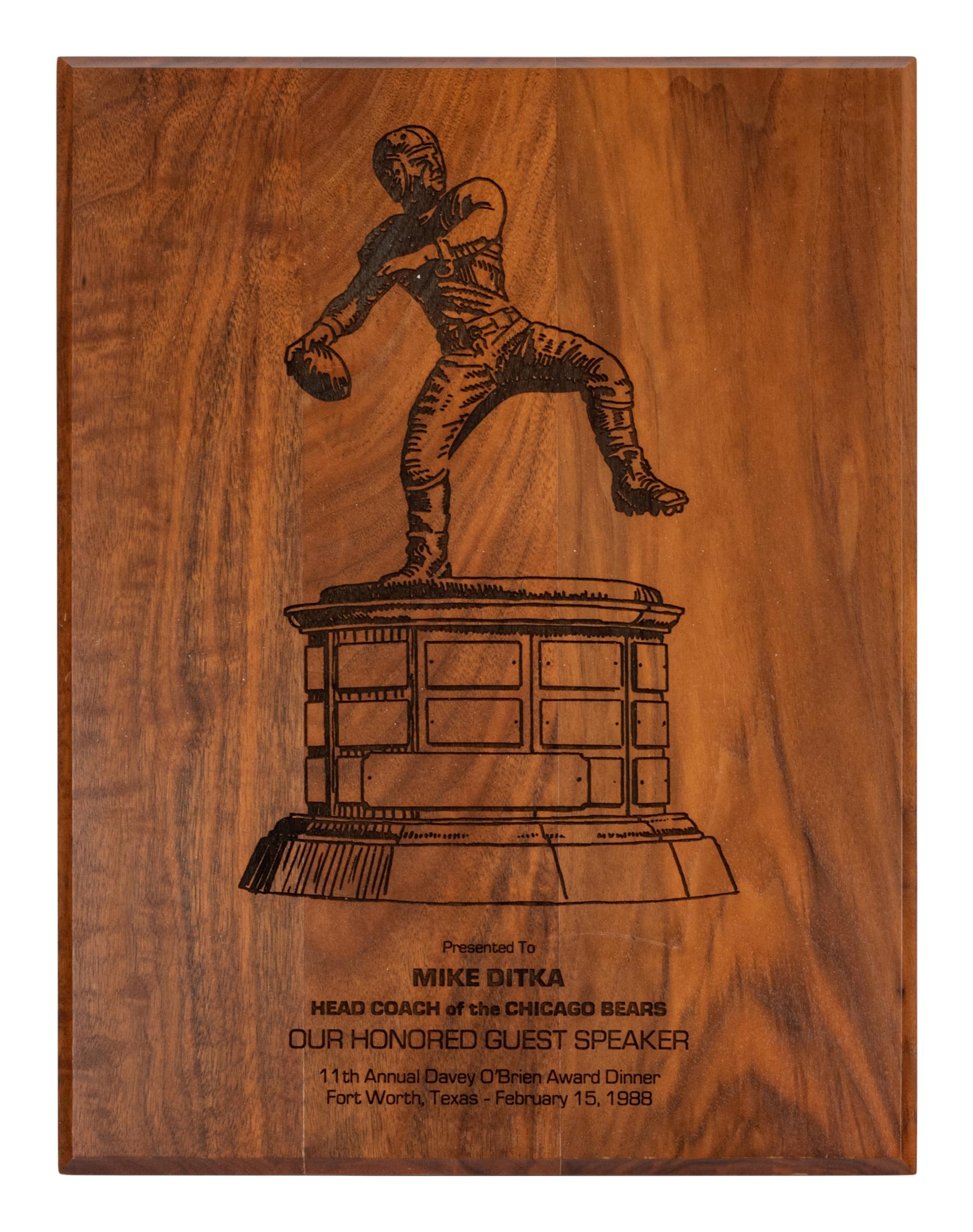 A 1988 Davey O'Brien Award Dinner Plaque Presented to Mike Ditka Formerly Displayed at Mike Ditka's Restaurant