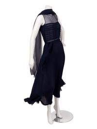 Yves Saint Laurent Haute Couture Navy Chiffon Dress with Scarf, 1970s