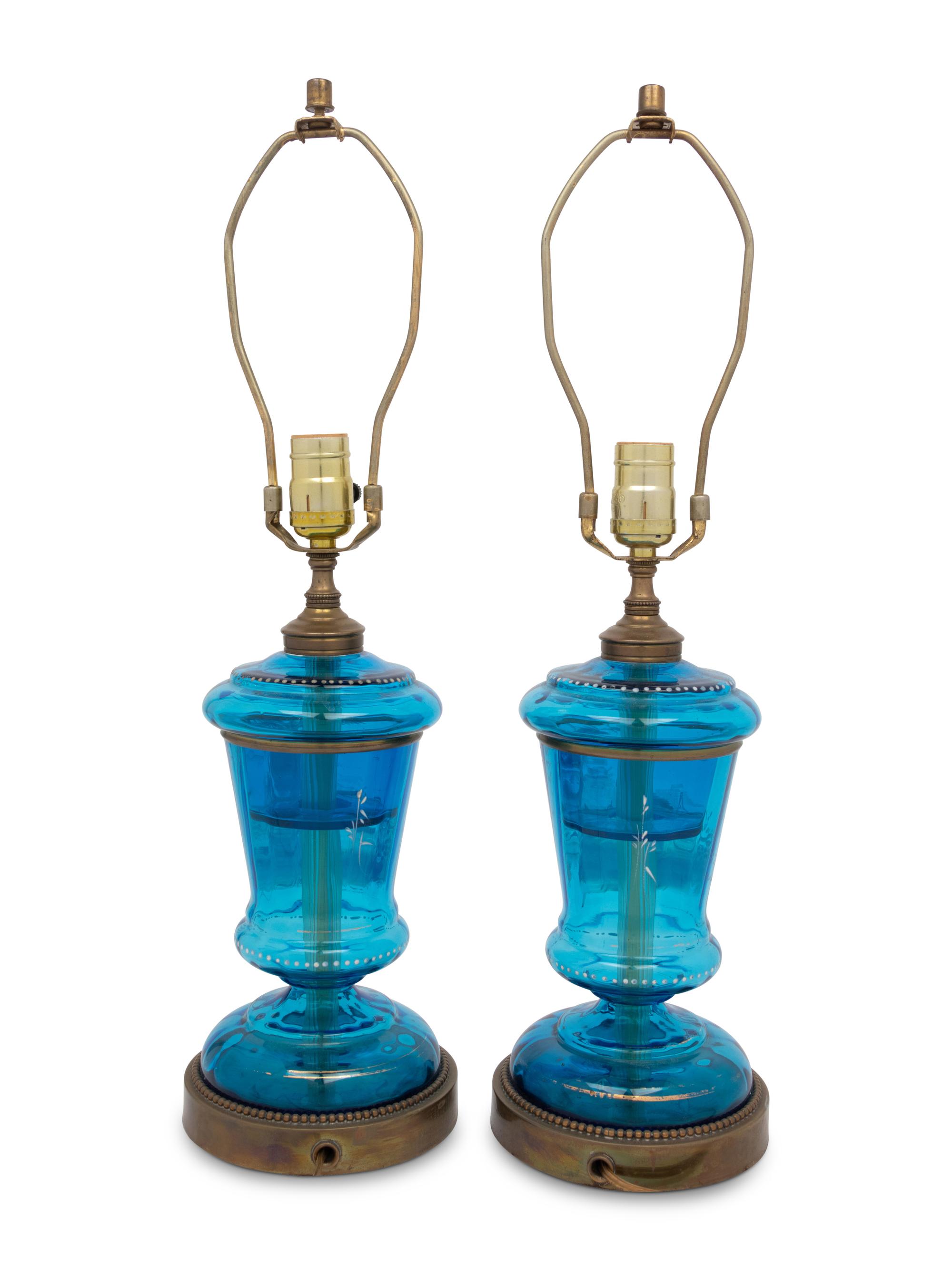 A Pair of Continental Enameled Glass Lamps
