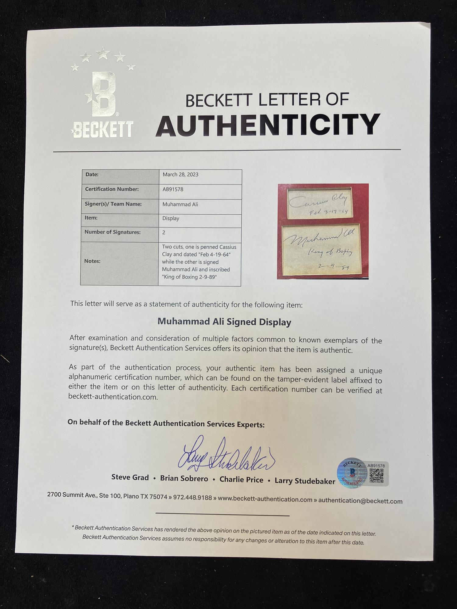 A Muhammad Ali Signed Autograph Display (Beckett Authentication Services Letter),