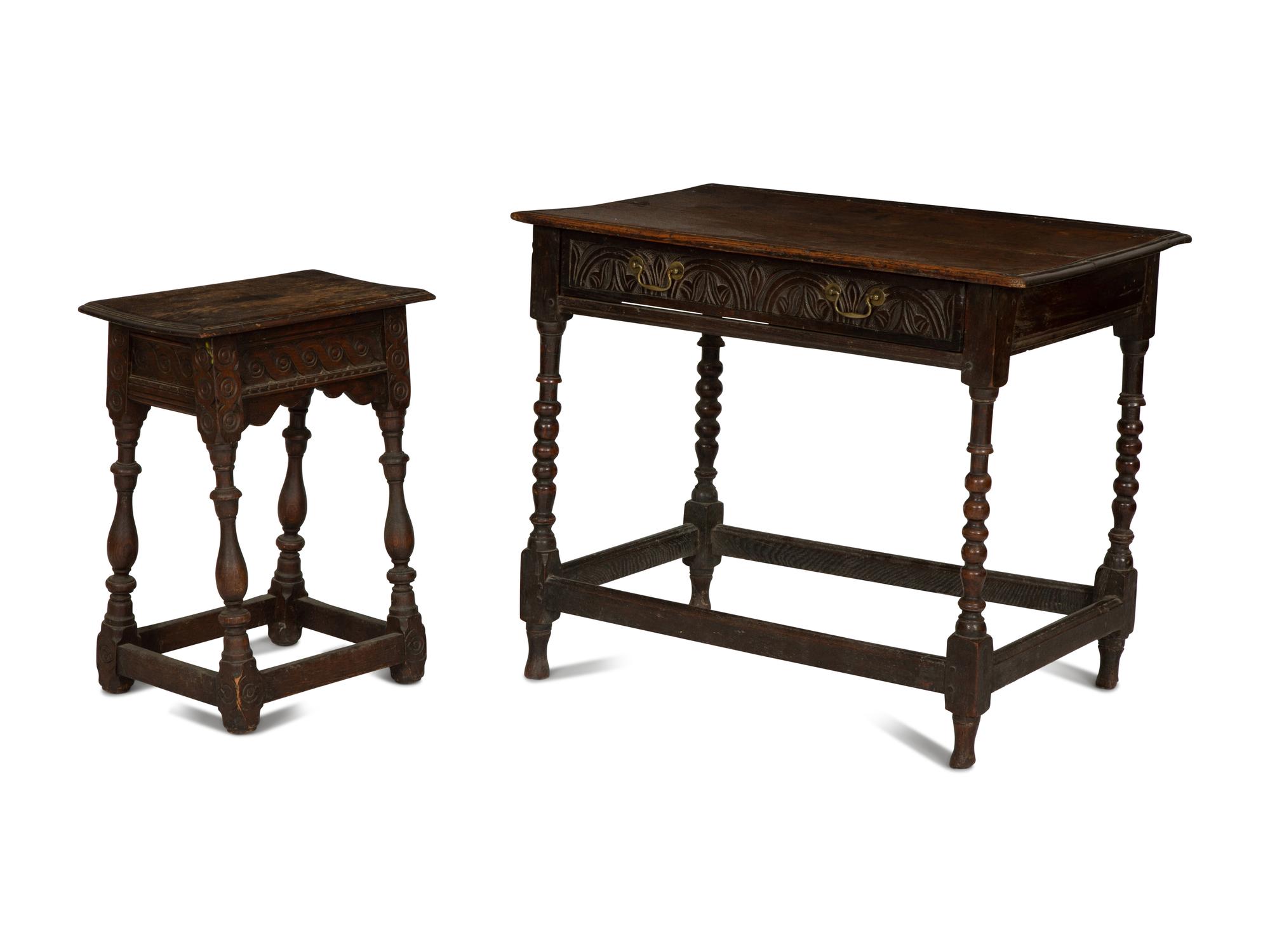 A Jacobean Style Carved Oak Writing Table and a Similar Stool with Flip Top