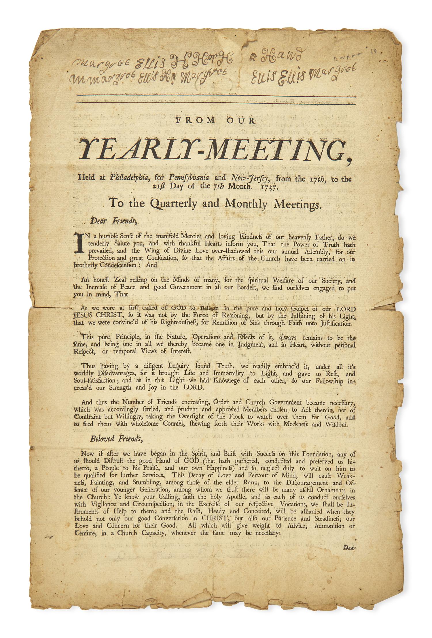 [African-Americana] From Our Yearly-Meeting, Held at Philadelphia, for Pennsylvania and New-Jersey, from the 17th, to the 21st Day of the 7th Month. 1737