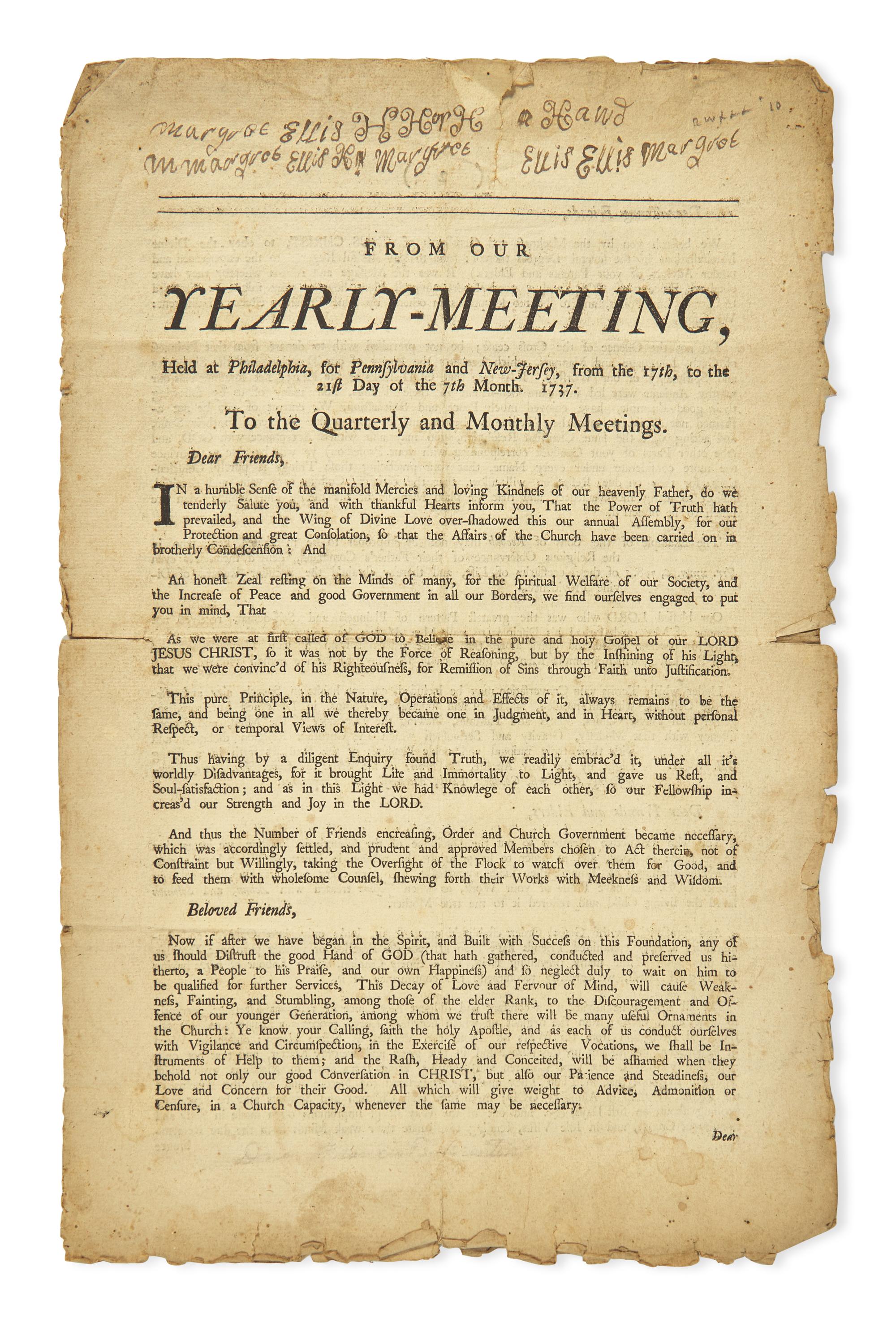 [African-Americana] From Our Yearly-Meeting, Held at Philadelphia, for Pennsylvania and New-Jersey, from the 17th, to the 21st Day of the 7th Month. 1737