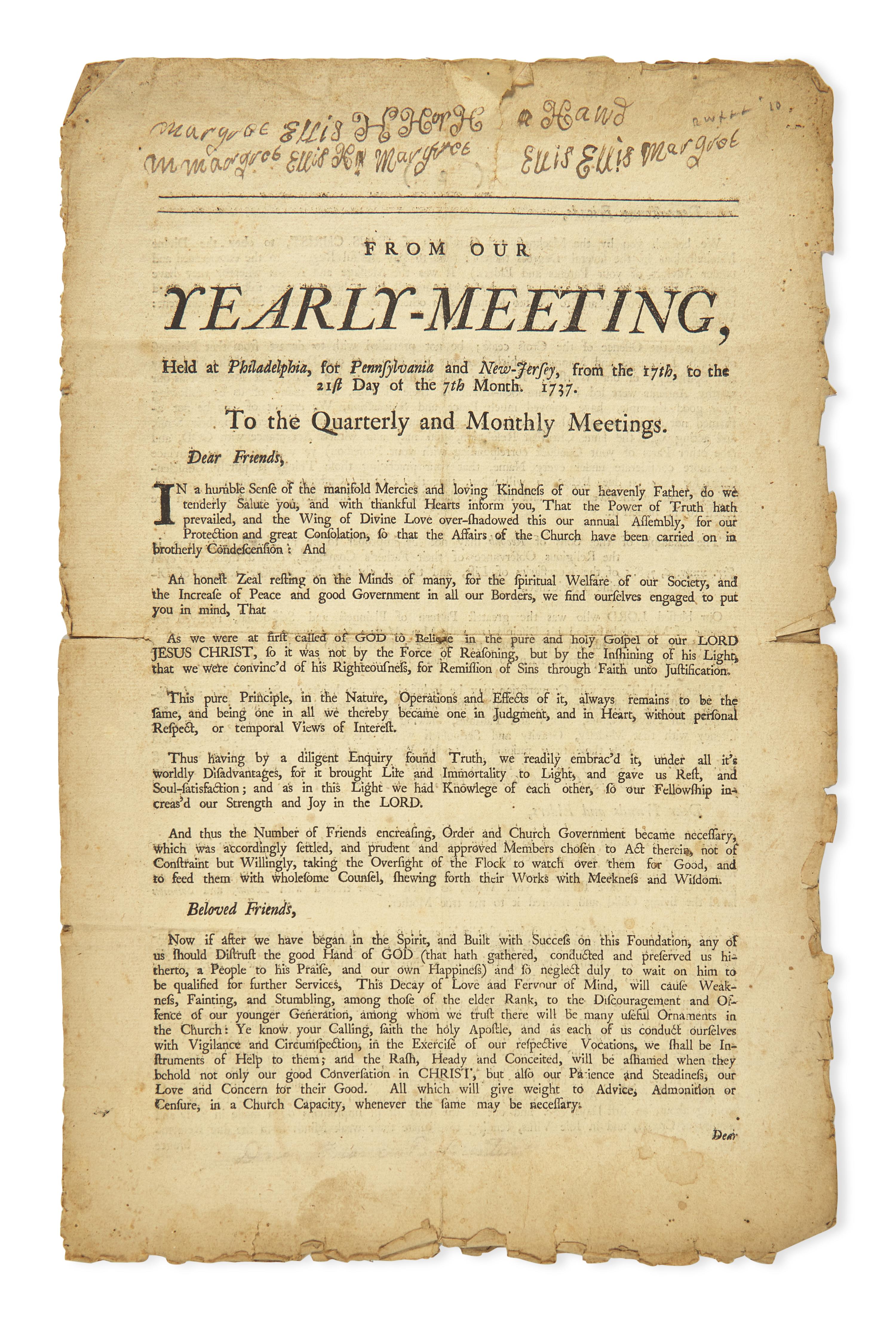[African-Americana] From Our Yearly-Meeting, Held at Philadelphia, for Pennsylvania and New-Jersey, from the 17th, to the 21st Day of the 7th Month. 1737