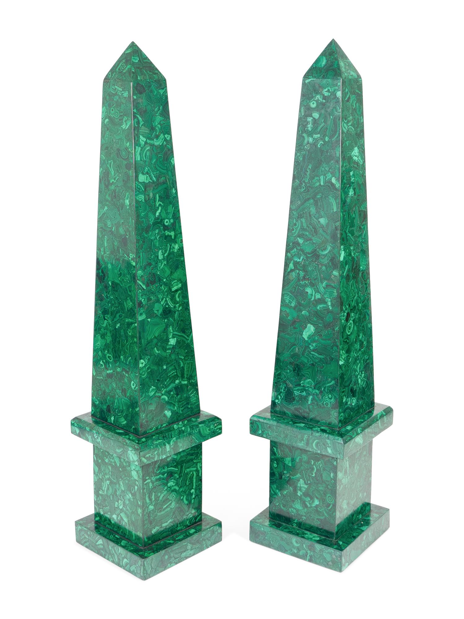 A Pair of Monumental Malachite Veneered Obelisks