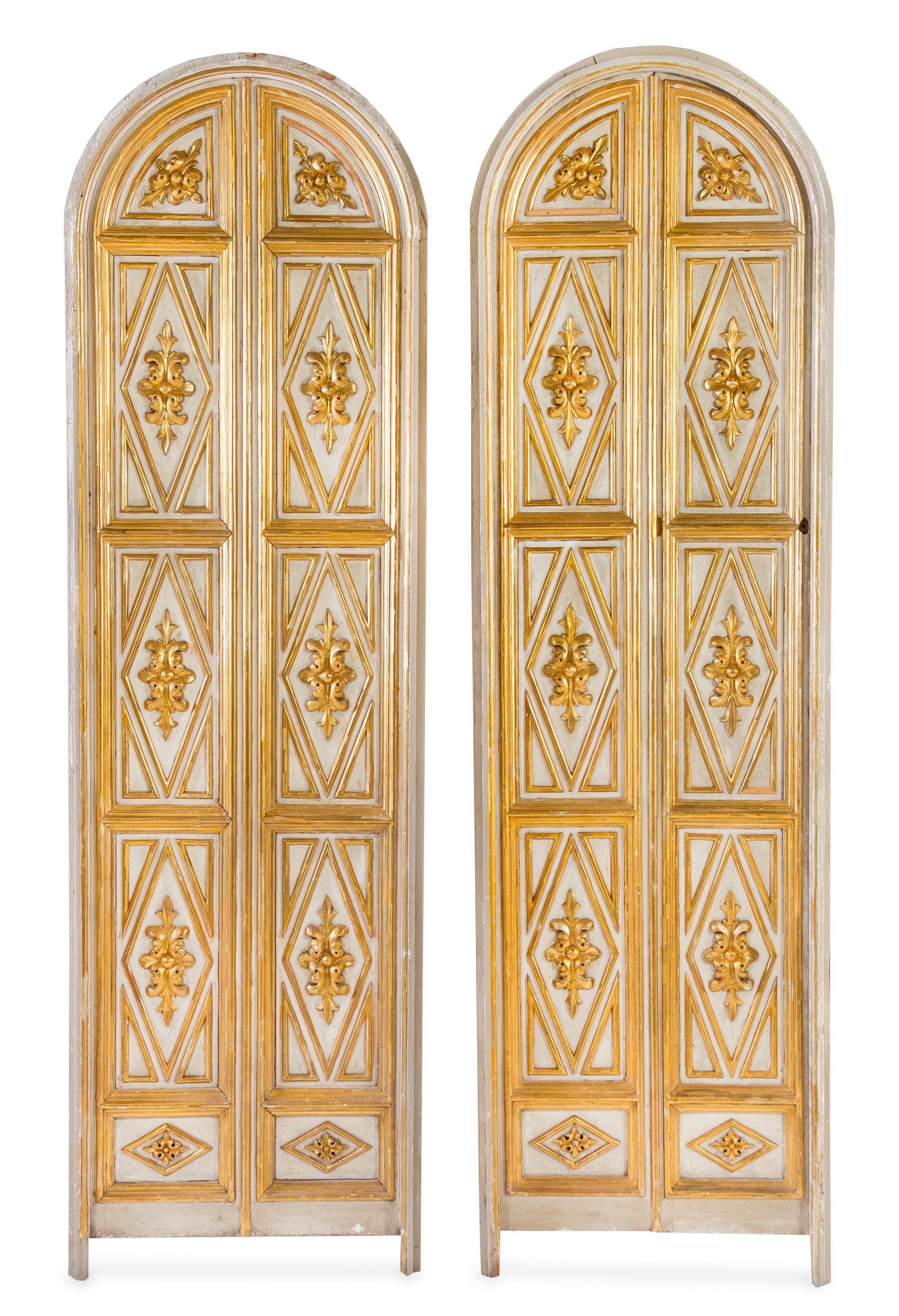 A Pair of Italian Painted and Parcel Gilt Doors Height 82 3/4 x width 24 1/8 inches. — 19TH CENTURY