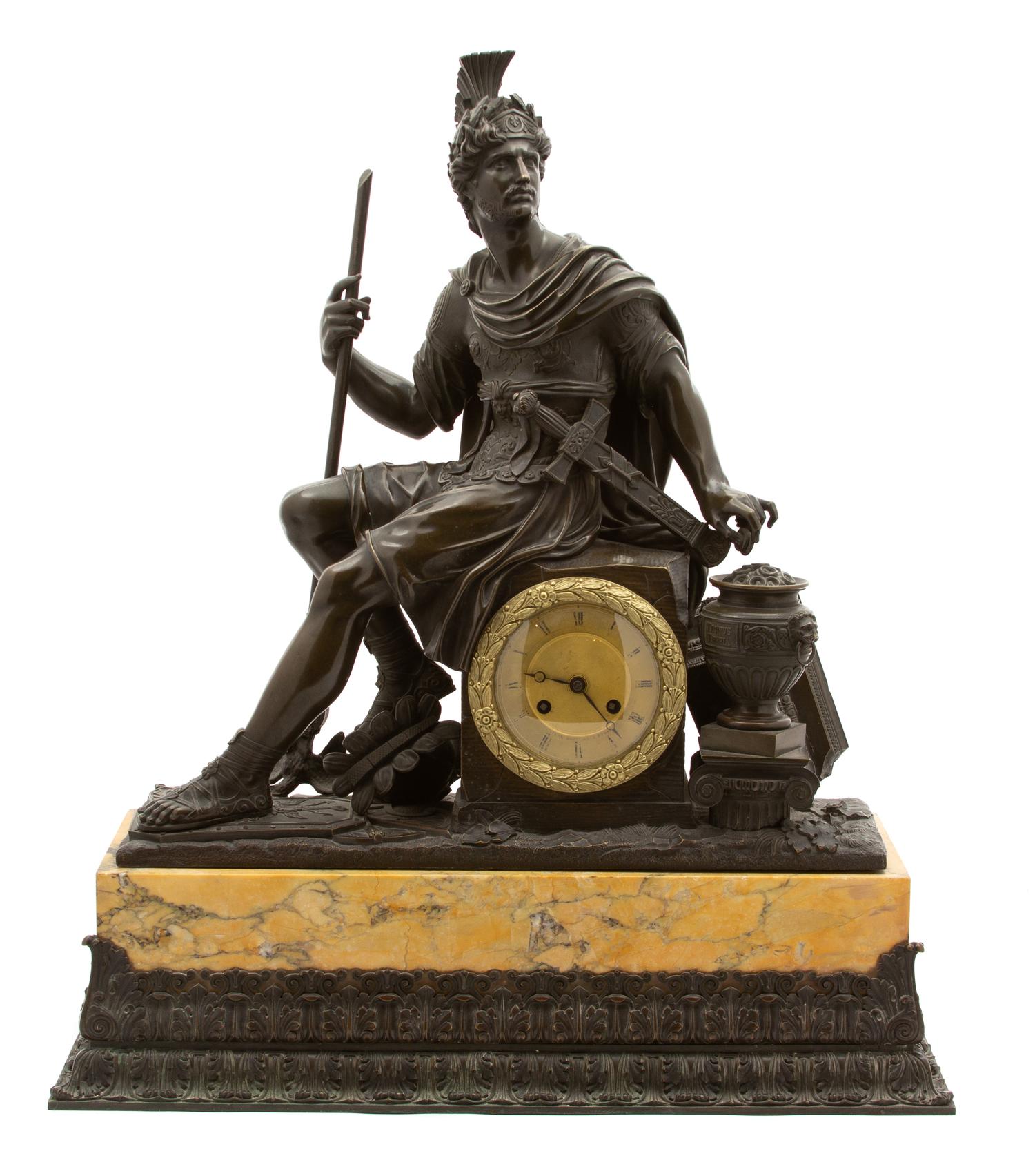 A French Bronze and Marble Mantle Clock Height 27 x width 23 1/2 inches.` — DENIERE BRONZIER A PARIS, CIRCA 1870