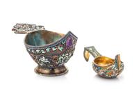 Two Russian Silver-Gilt and Enamel Kovshi, Possibly Gustav Klingert, Assay of Anatoli Apollonovich Artsybashev, Moscow, 1892, the large
