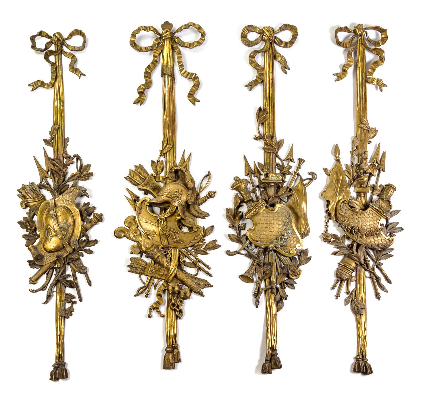 A Set of Four Louis XVI Style Gilt Bronze Military Wall Trophies Height of tallest 59 inches. — LATE 19TH/EARLY 20TH CENTURY