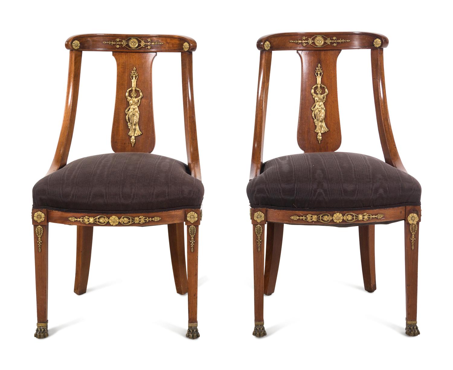 A Pair of Empire Style Gilt Metal Mounted Mahogany Side Chairs with Scalamandré Upholstery