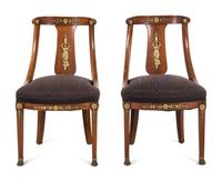 A Pair of Empire Style Gilt Metal Mounted Mahogany Side Chairs with Scalamandré Upholstery