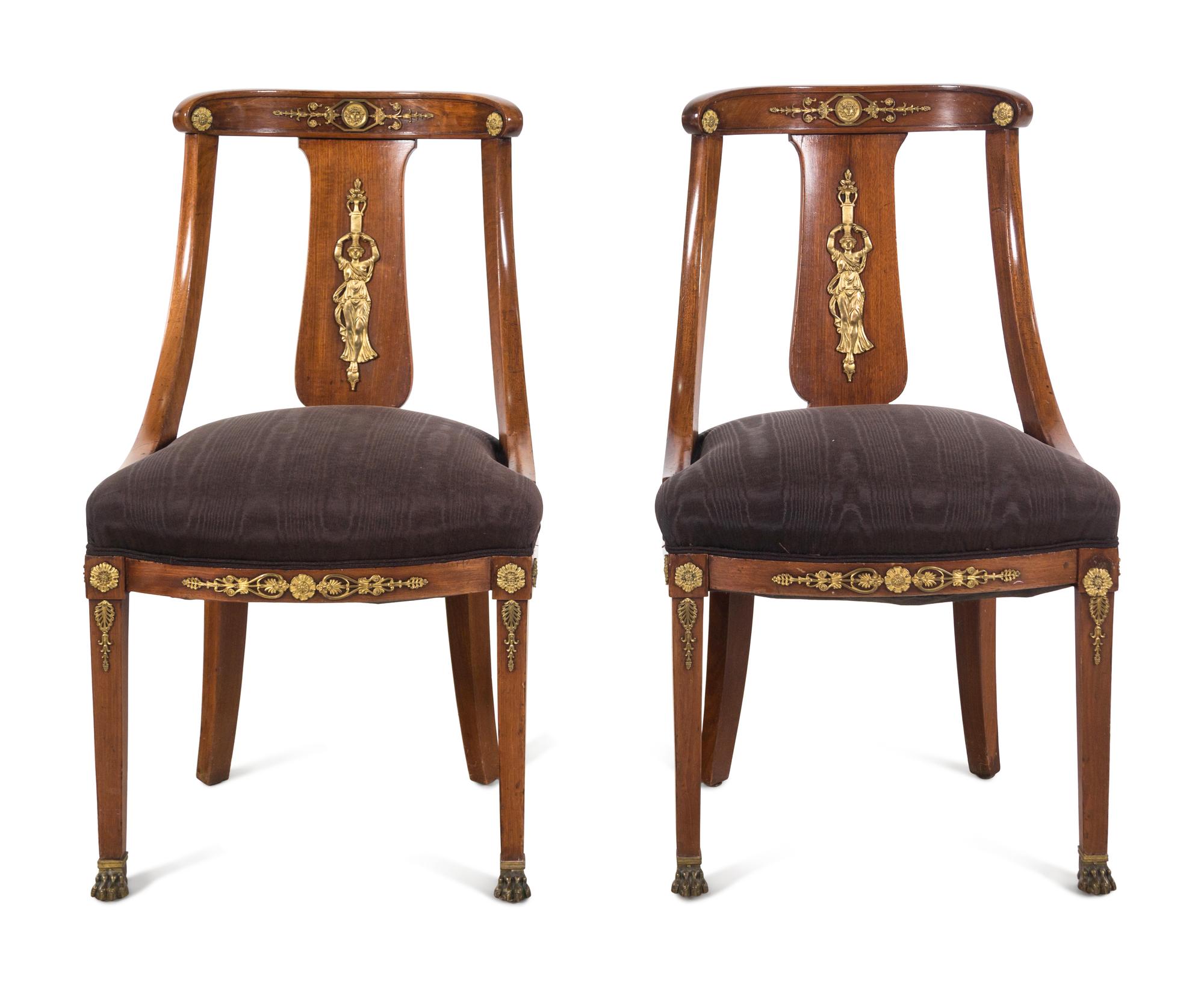 A Pair of Empire Style Gilt Metal Mounted Mahogany Side Chairs with Scalamandré Upholstery