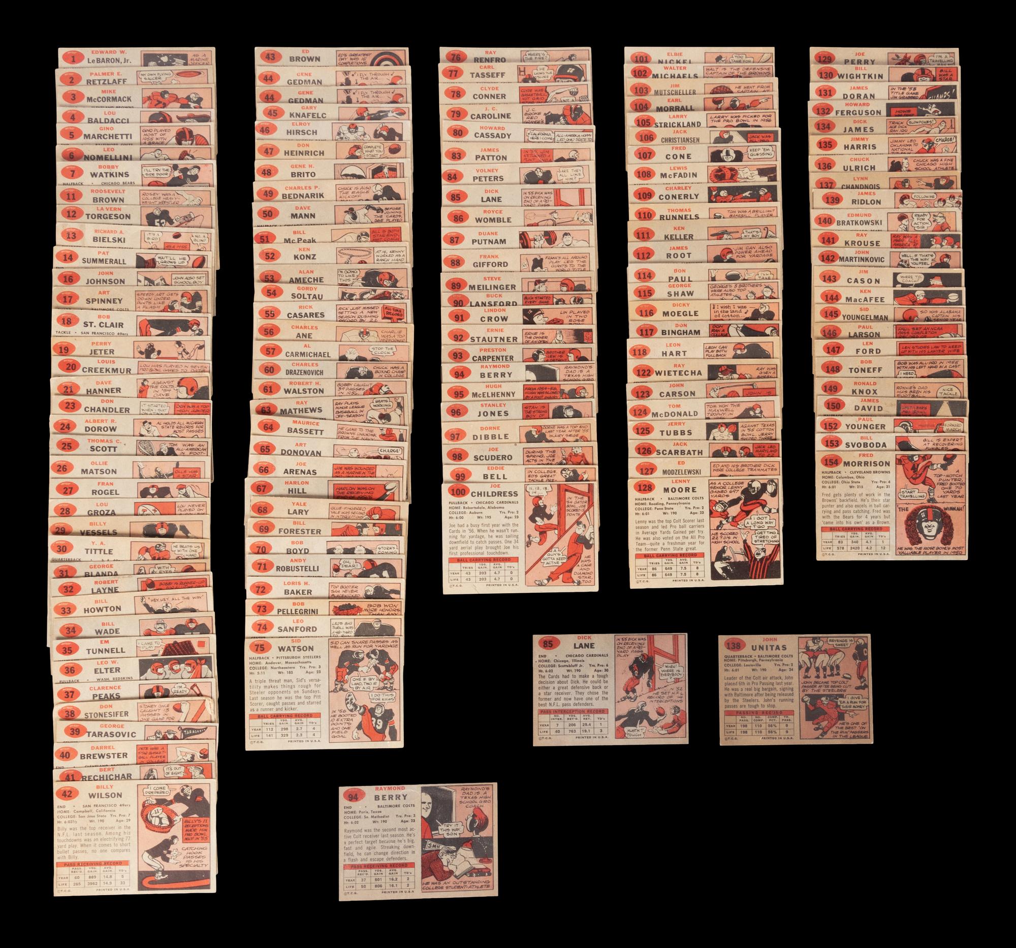 A Near Set of 1957 Topps Football Cards (139/154) Including Johnny Unitas Rookie and Multiple Hall of Famers