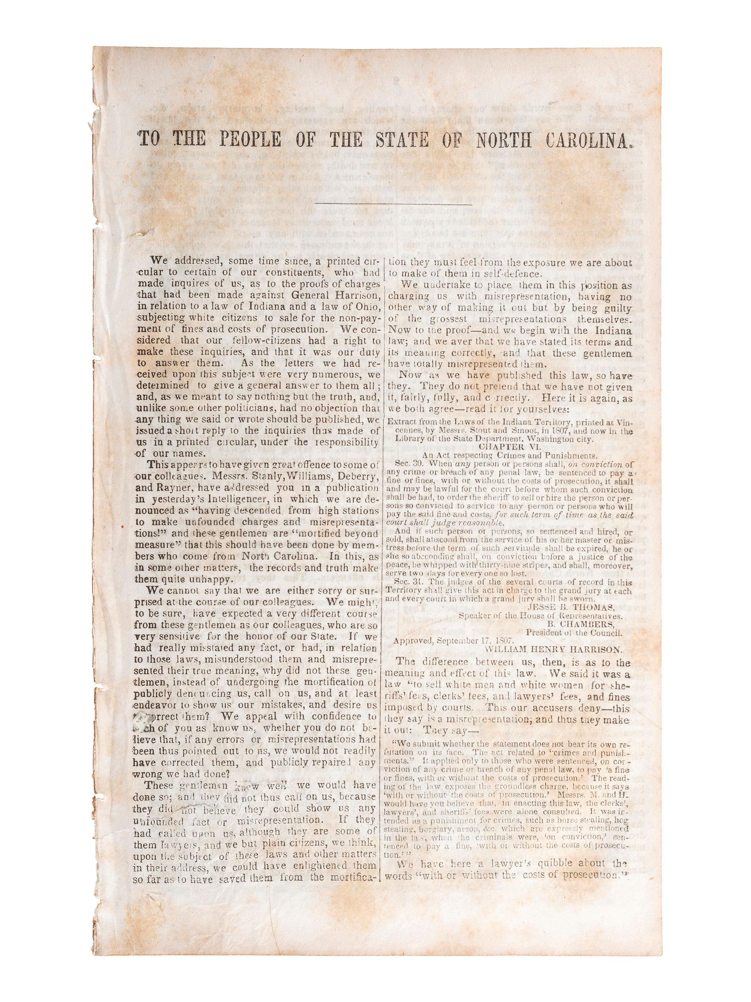 [HARRISON, William Henry (1773-1841)]. A group of pamphlets related to slavery, especially its expansion into Indiana, comprising: