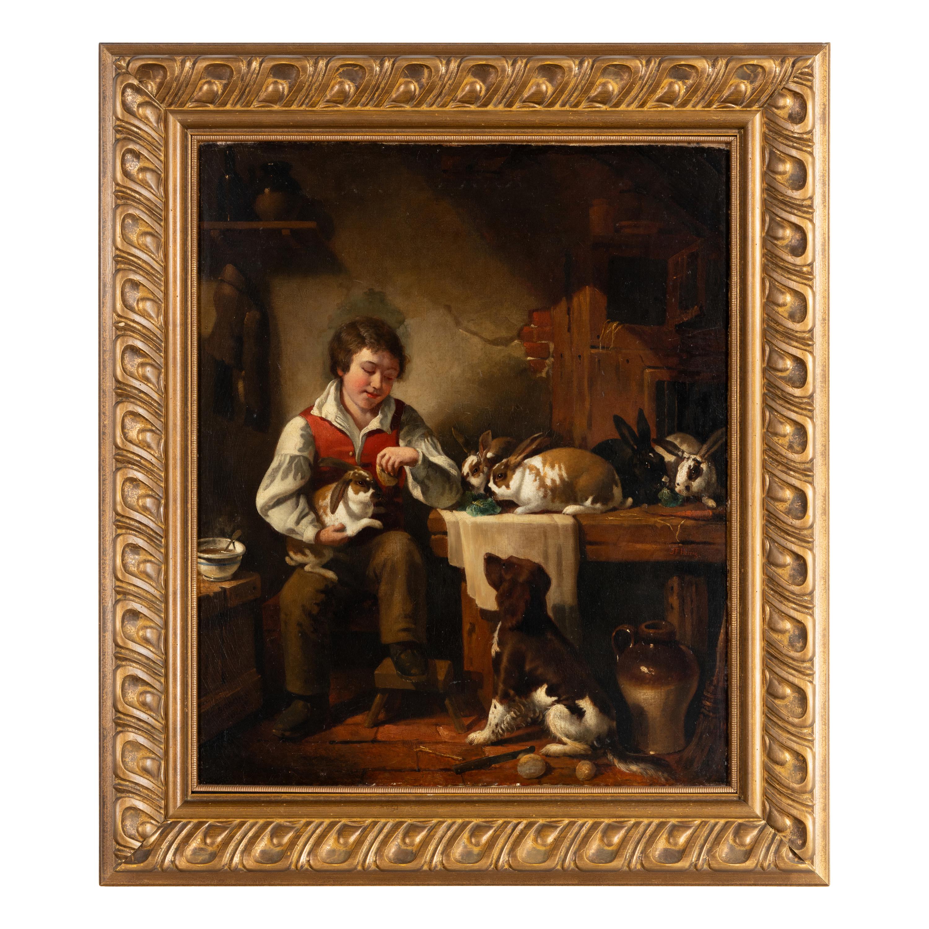 Thomas Brooks (British, 1818-1891) — A Young Boy with his Pet Rabbits and Dog , 1843